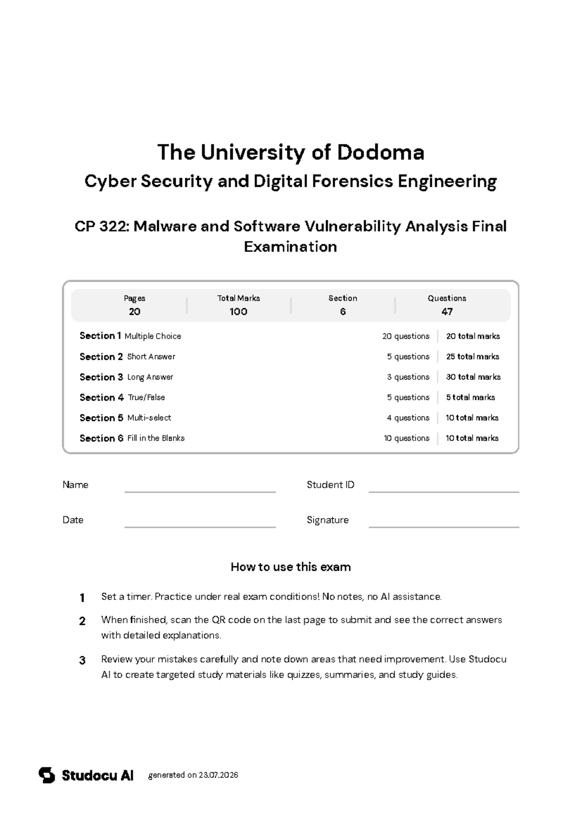 CP 322: Malware and Software Vulnerability Analysis Final Exam - Studocu