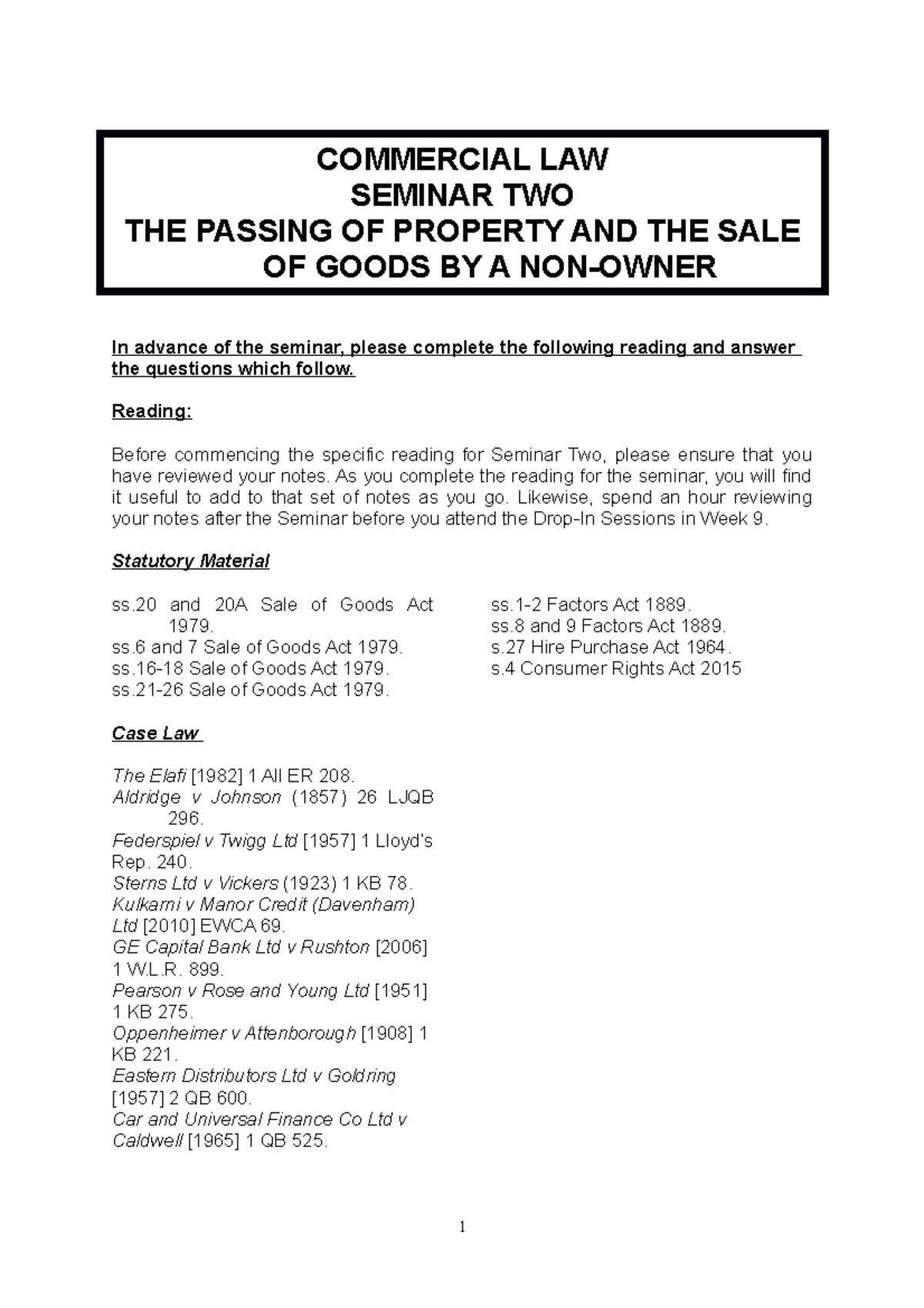Commercial Law Seminar 2: Property Passing & Sale of Goods Insights ...