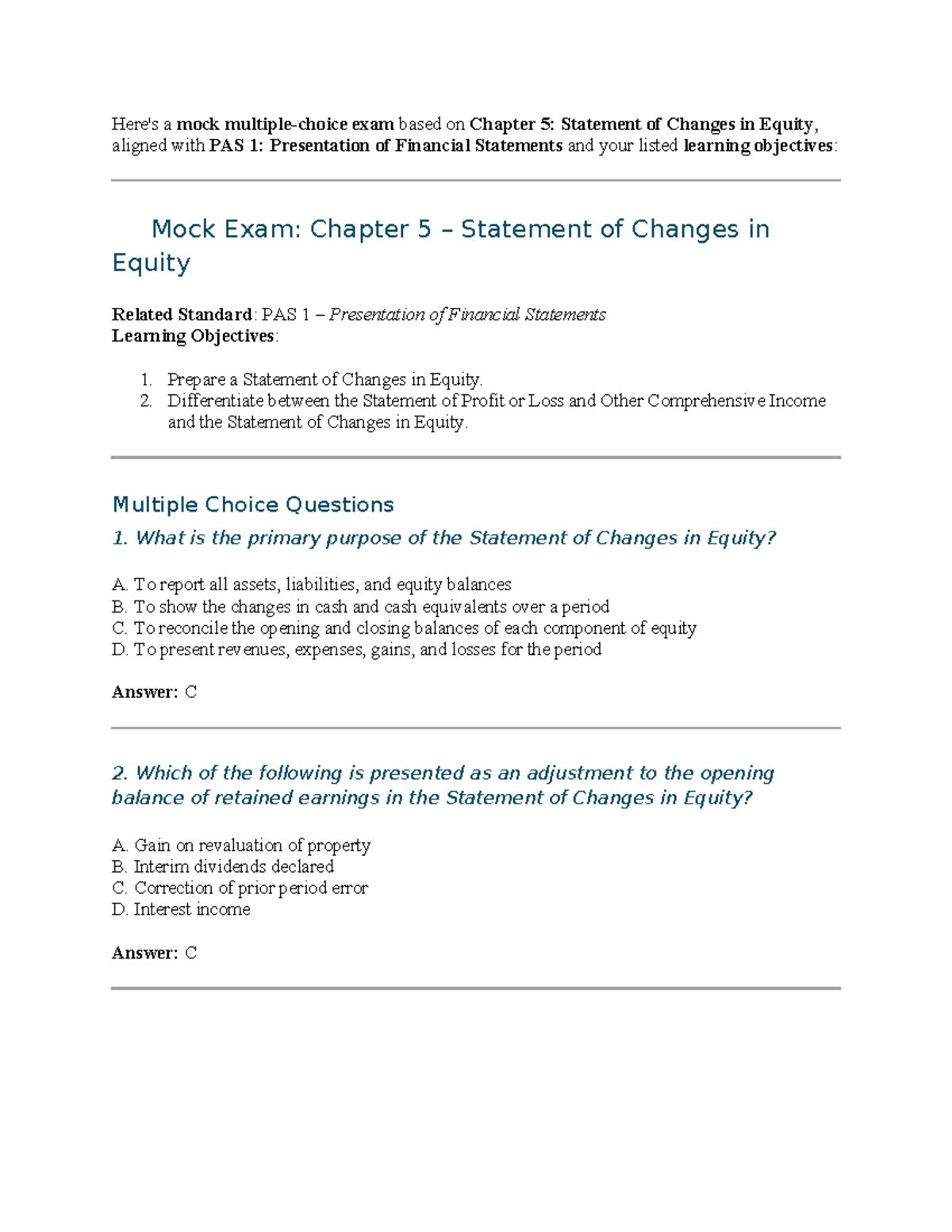 Mock Exam: Chapter 5 - Statement of Changes in Equity & PAS 1 - Studocu