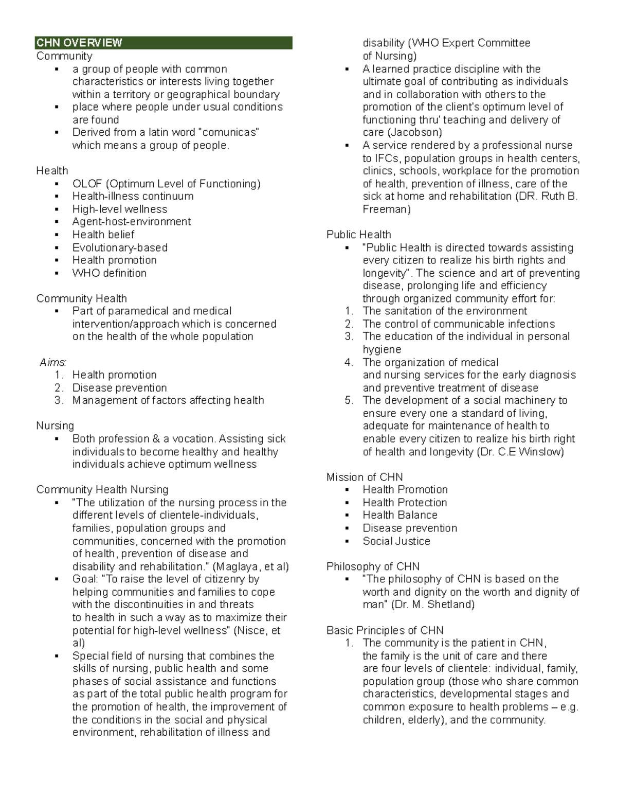 CHN Reviewer: Community Health Nursing Overview and Practices - Studocu