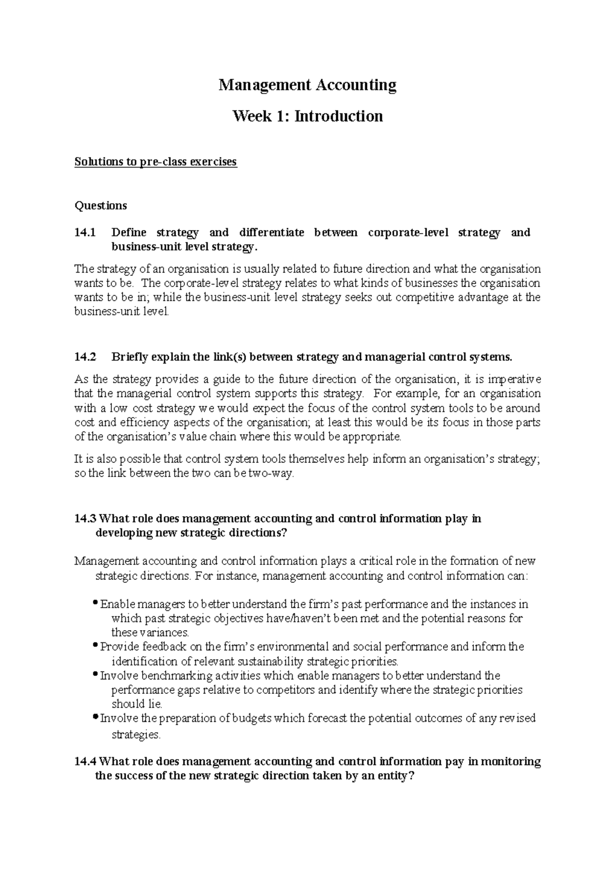 Week 1 Answers to exercises - Management Accounting Week 1 ...