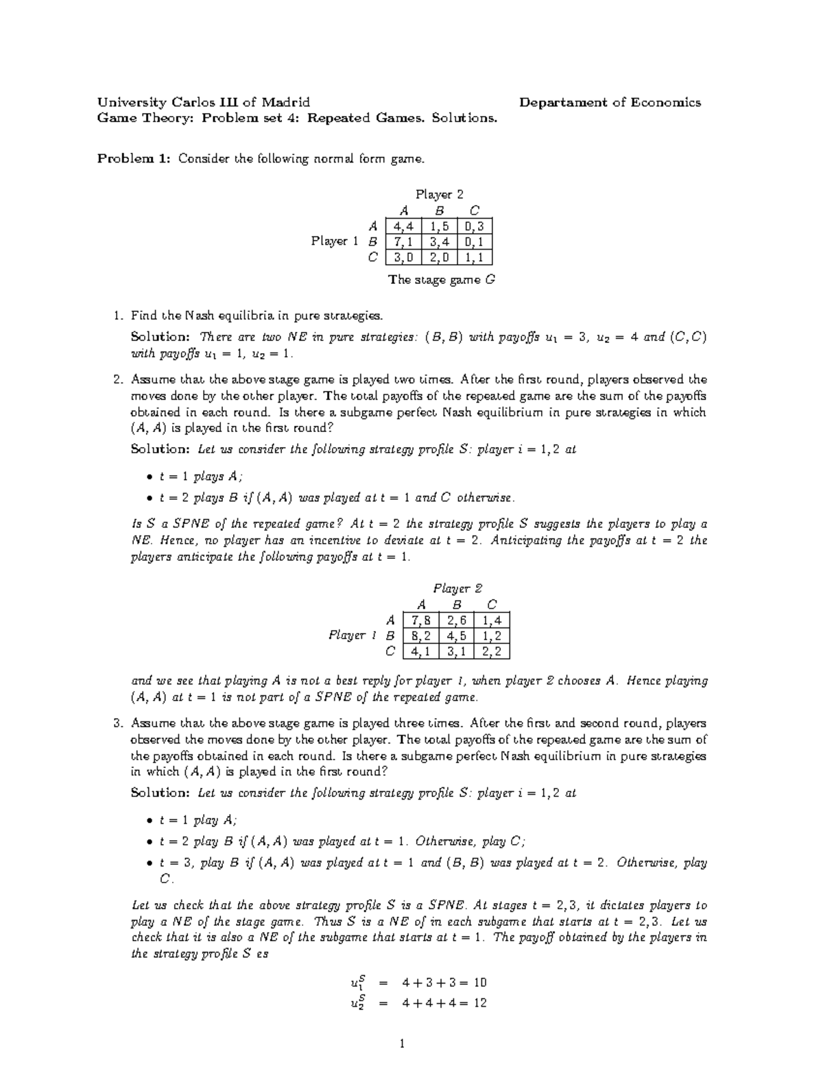 Game Theory Course Code: Problem Set 4 Solutions: Repeated Games ...