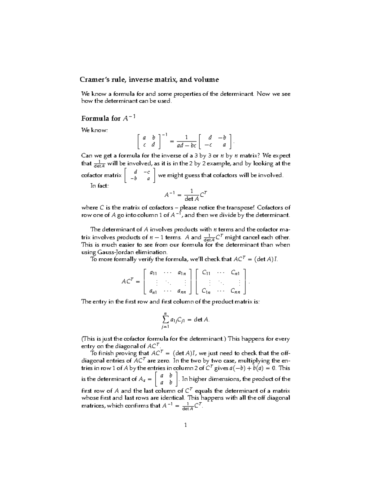 Lec20-Cramer's Rule Inverse Matrixand Volume - Cramer’s rule, inverse ...