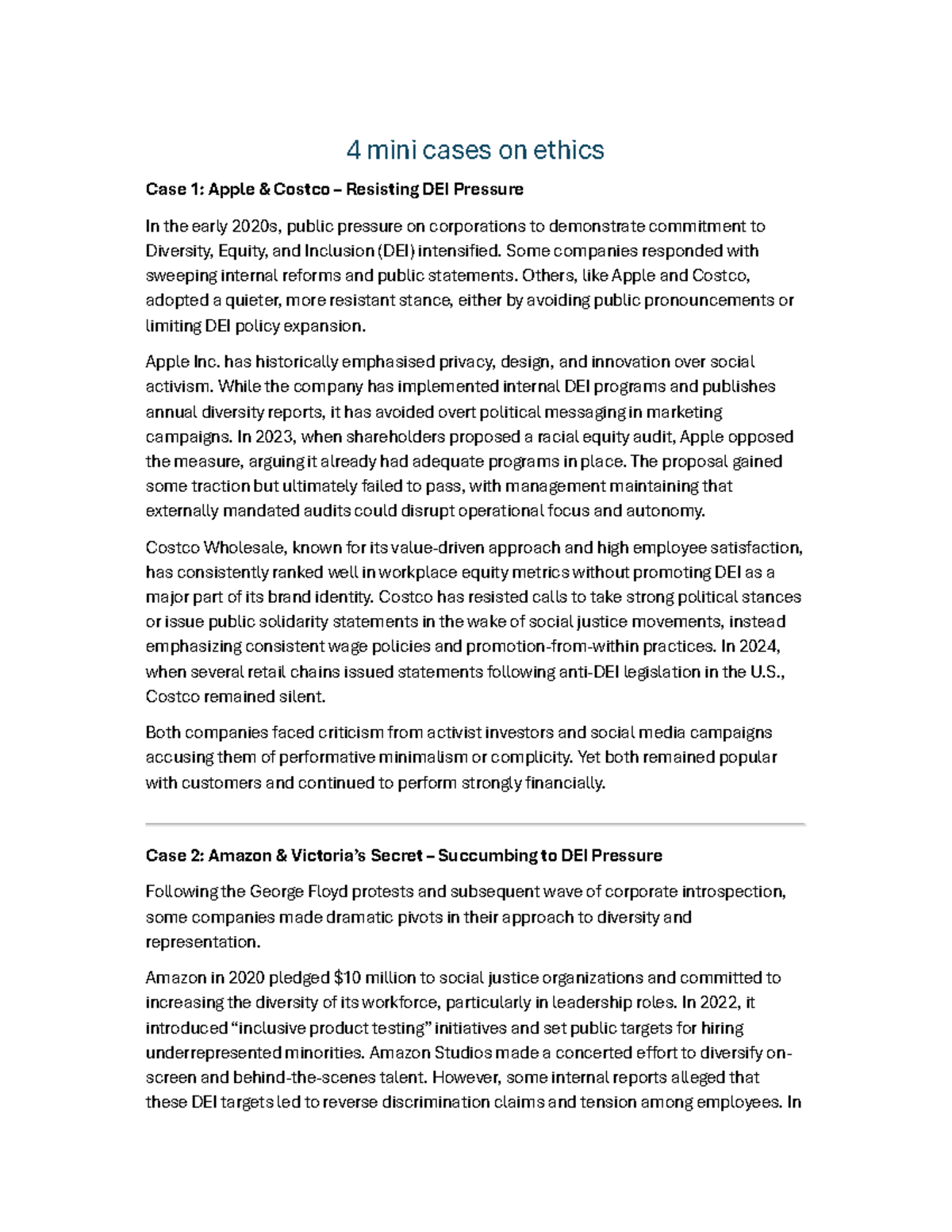 4 Mini Cases on Ethics: DEI Pressure & Corporate Responses - Studocu