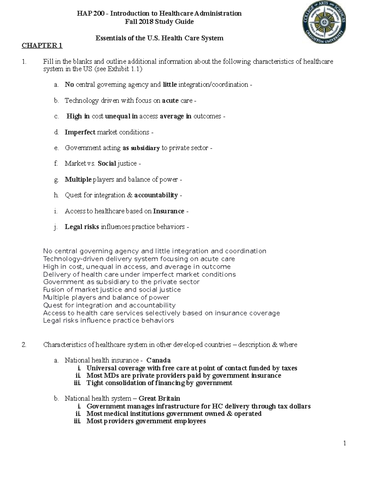Study+Guide+for+Final+2018 - HAP 200 - Introduction to Healthcare Administration Fall 2018 Study ...