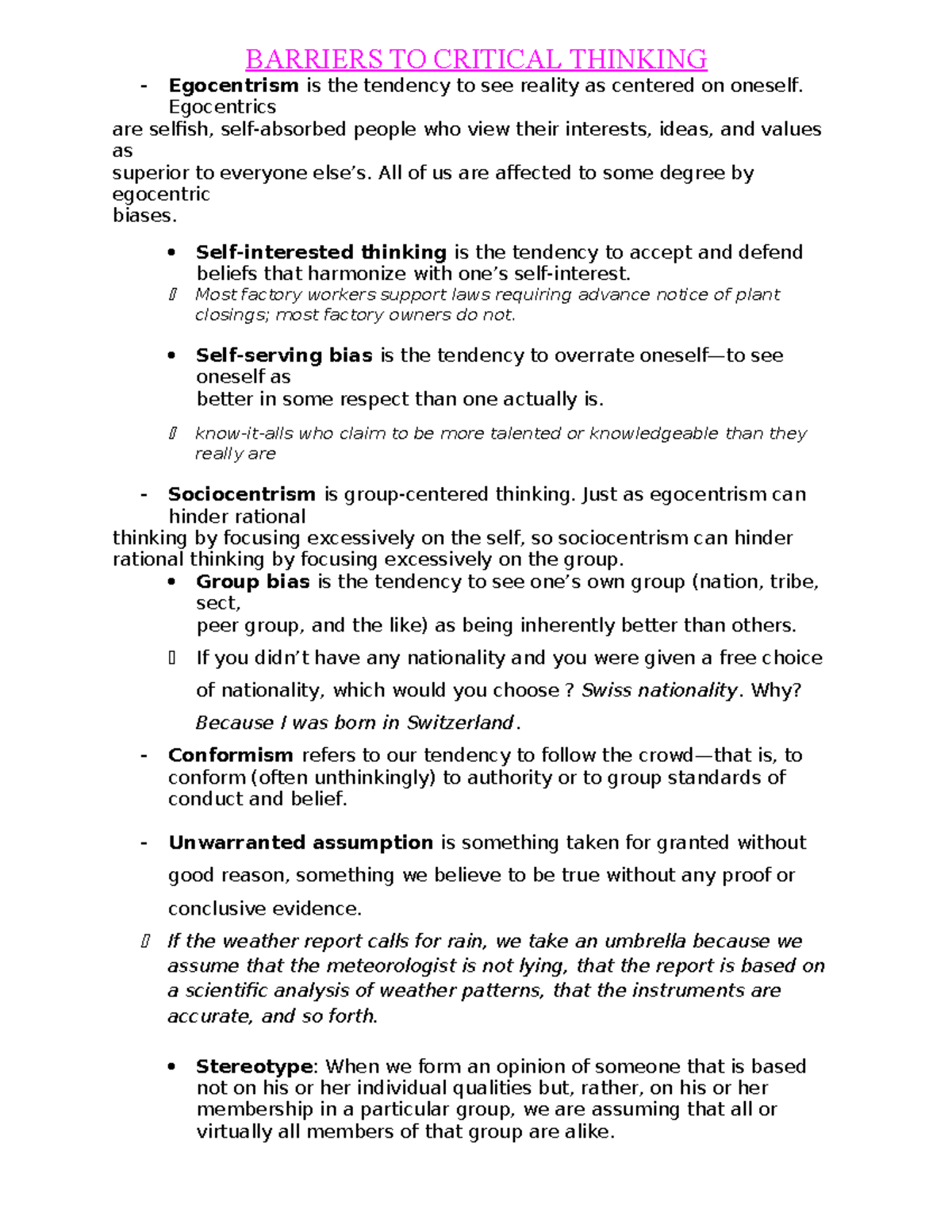 Critical Thinking Barriers and Standards Summary (Mid) - Studocu