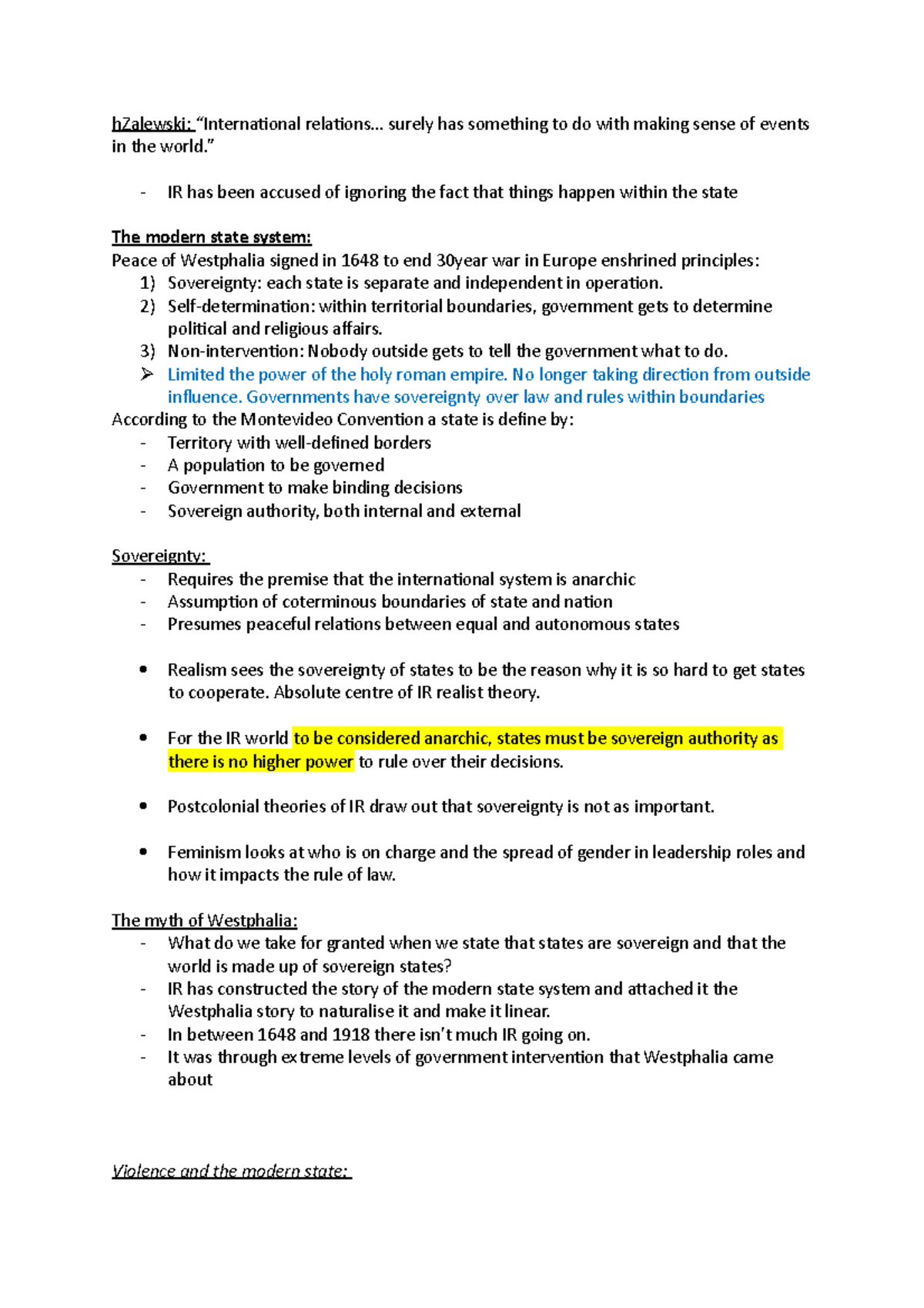 Week 2 lecture notes - The modern state and sovereignty - hZalewski ...