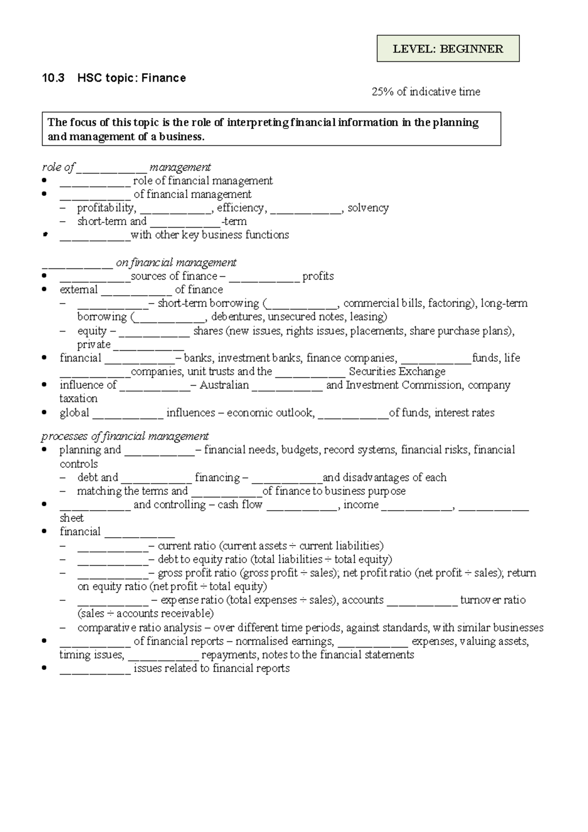 HSC 10.3 Beginner Finance Syllabus: Key Concepts & Management - Studocu