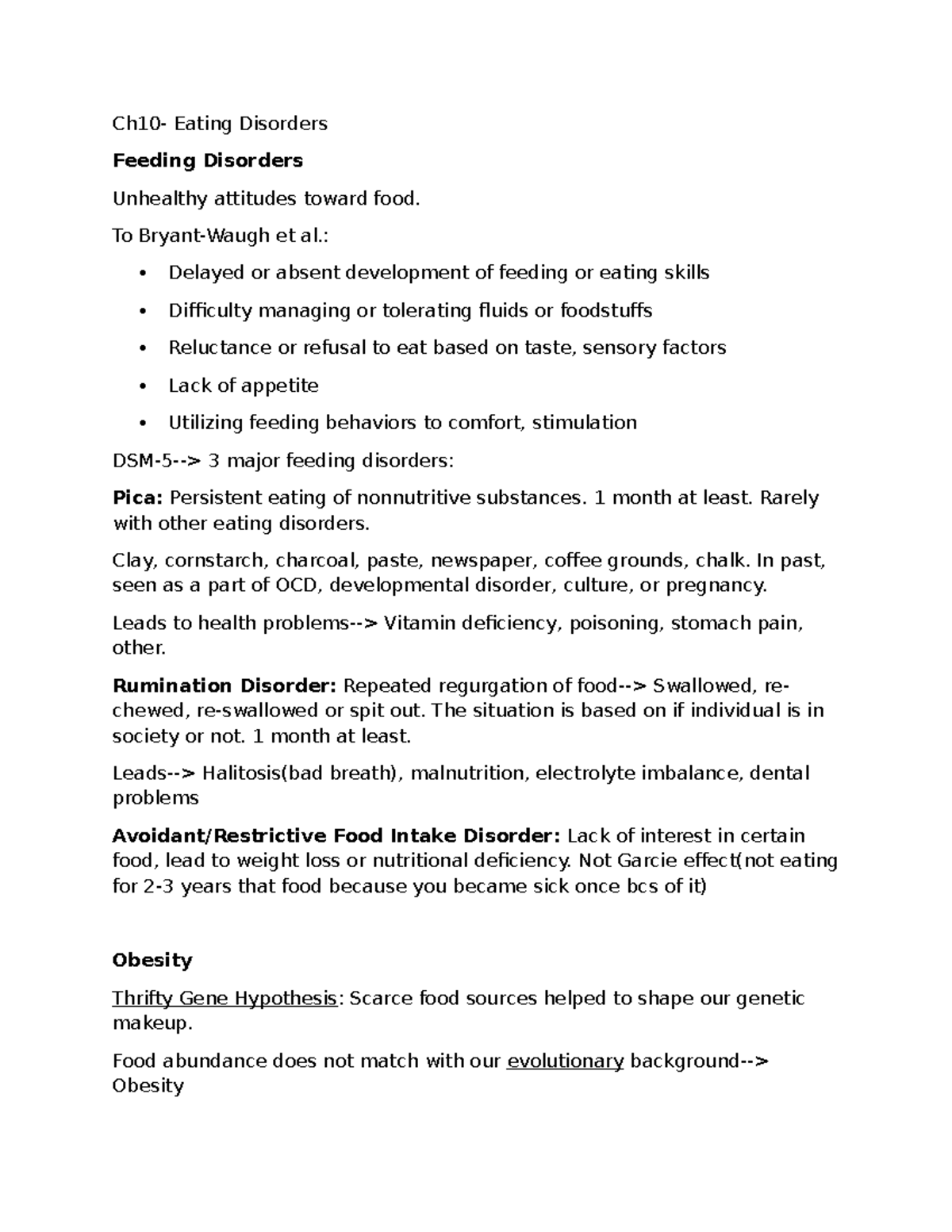 Ch10 - Lecture Notes on Eating Disorders & Feeding Disorders - Studocu