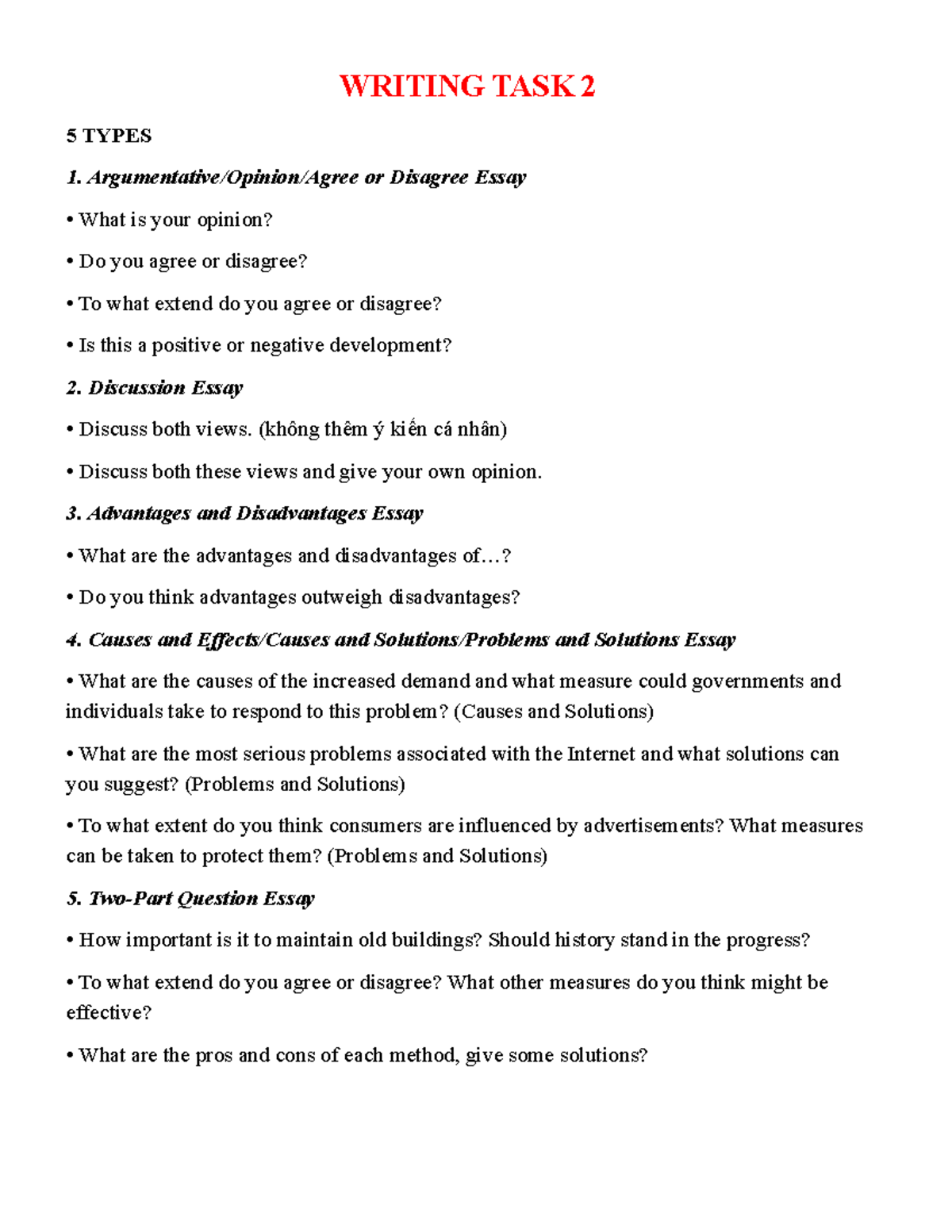 Writing TASK 2 types - WRITING TASK 2 5 TYPES Argumentative/Opinion ...