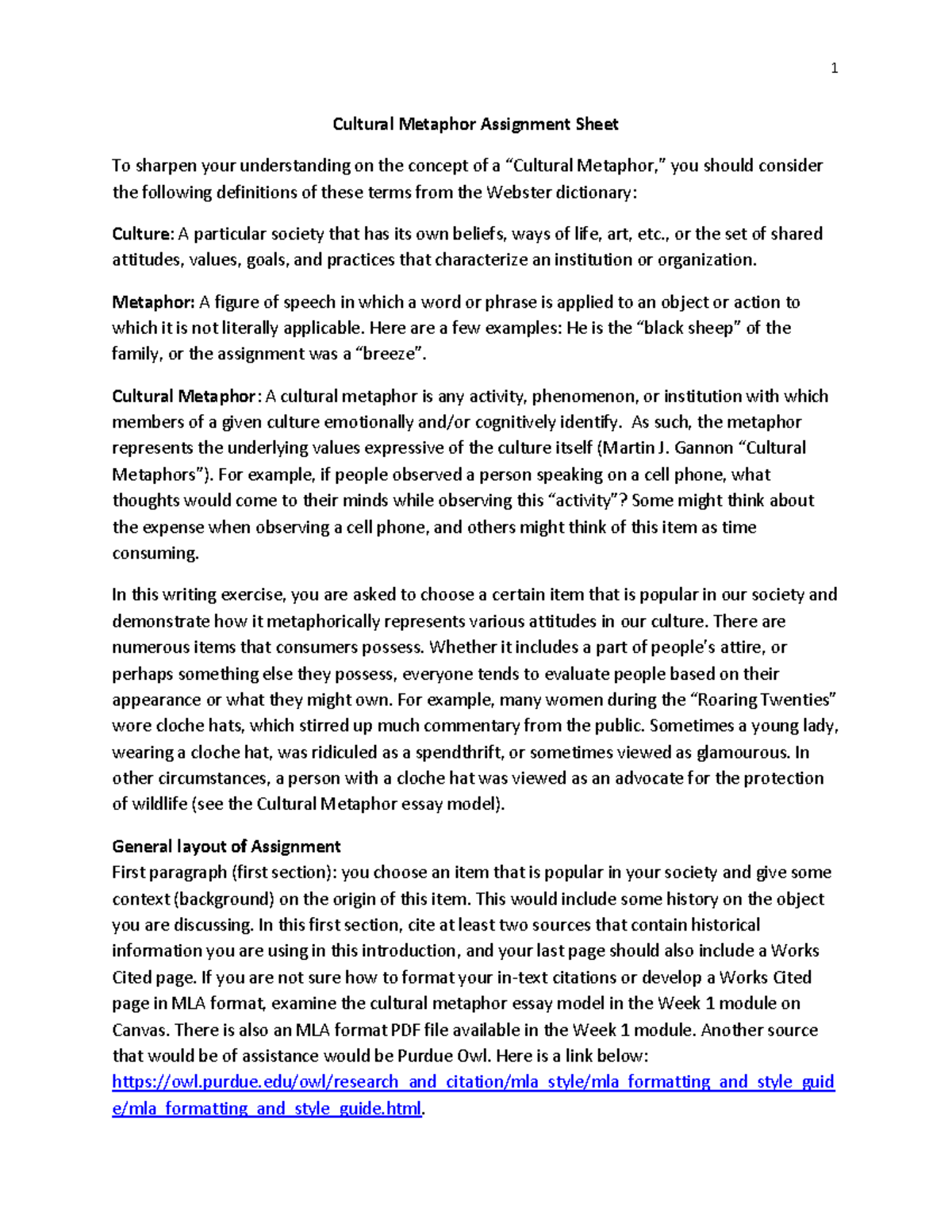 CME Cultural Metaphor Assignment Sheet - Essay Instructions - Studocu