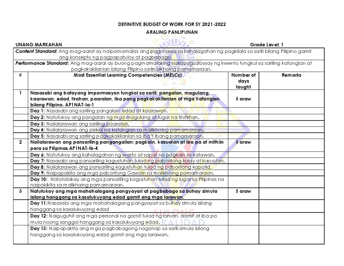 MELCs-DBOW-AP-1-10-Final Budget of Work for Grade 1 - SY 2021-2022 ...