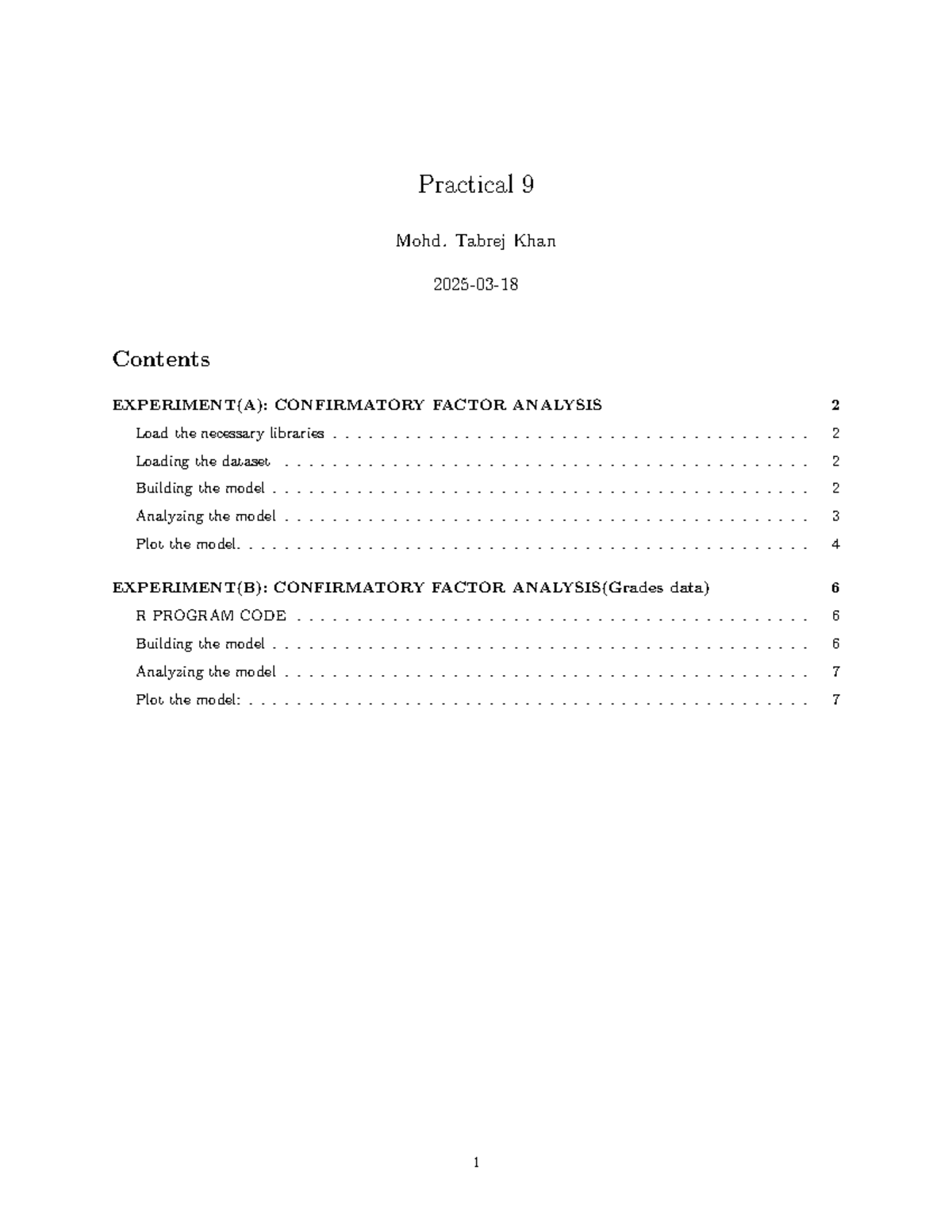 CFA Practical 9: Confirmatory Factor Analysis with R Programming - Studocu