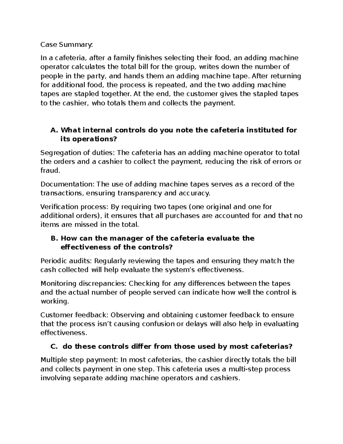 Gov - Summaries of Internal Control Strategies in Cafeteria Operations ...