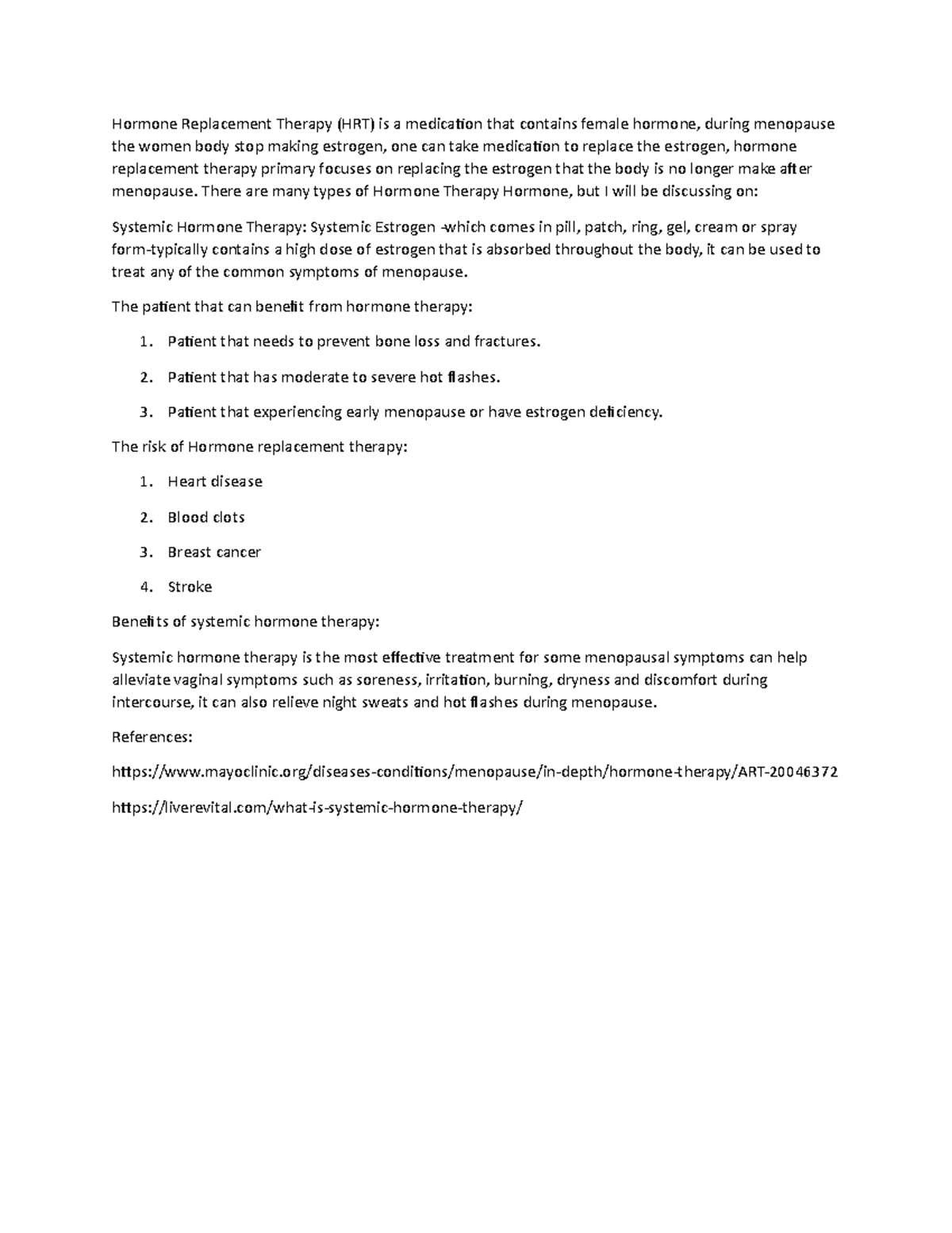 Module 10 discussion female HRT - Hormone Replacement Therapy (HRT) is ...