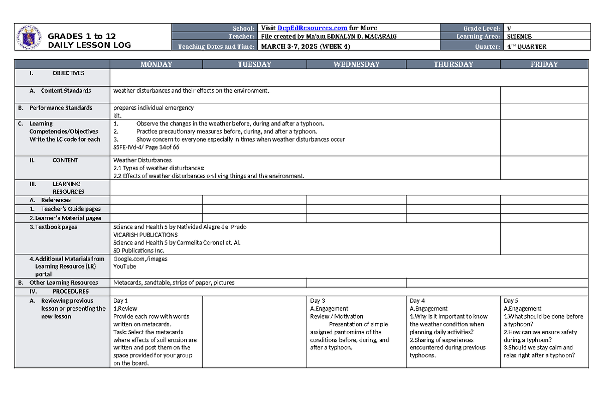 DLL Science 5 Q4 W4: Weather Disturbances Lesson Plan - Studocu