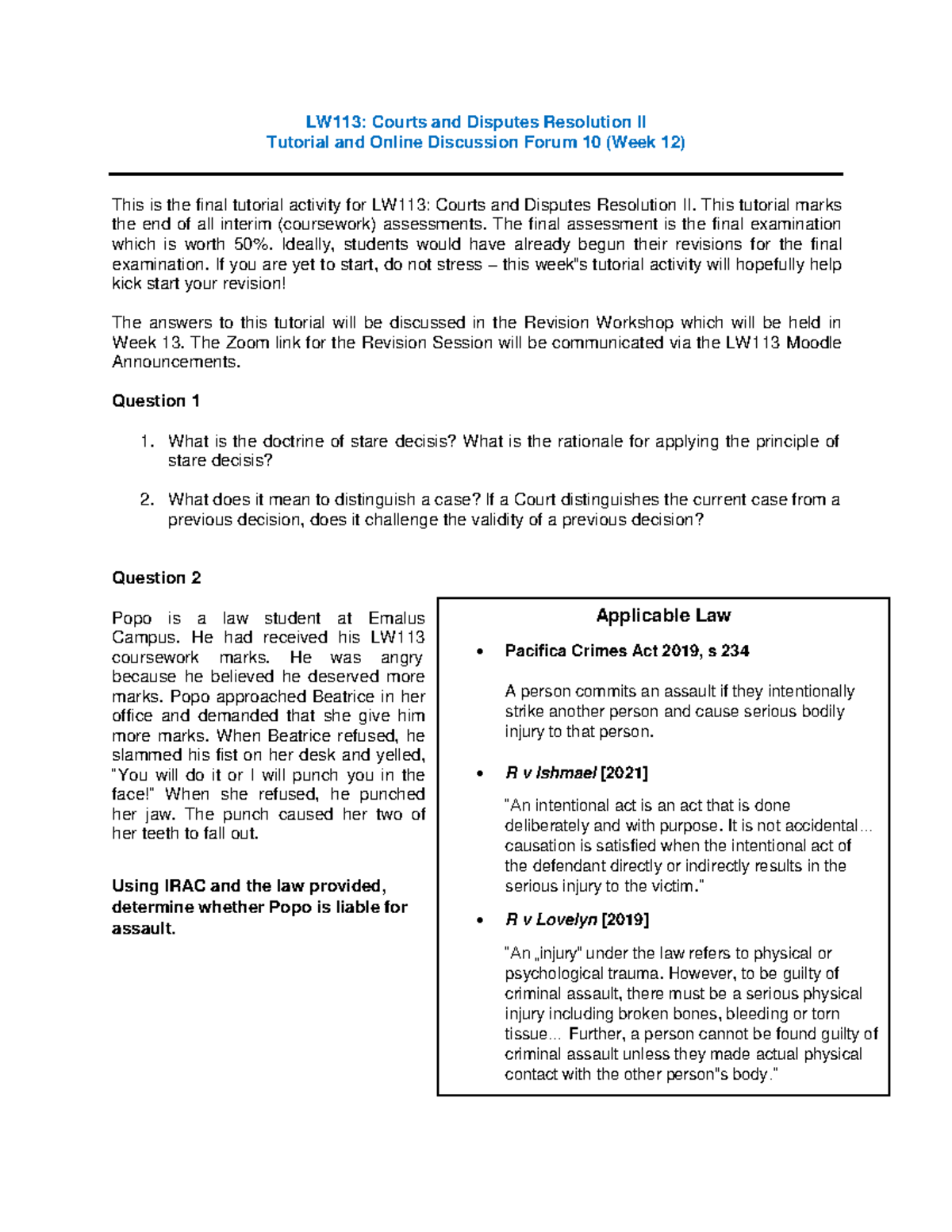 LW113: Week 12 Final Tutorial & Discussion Forum on Legal Concepts ...