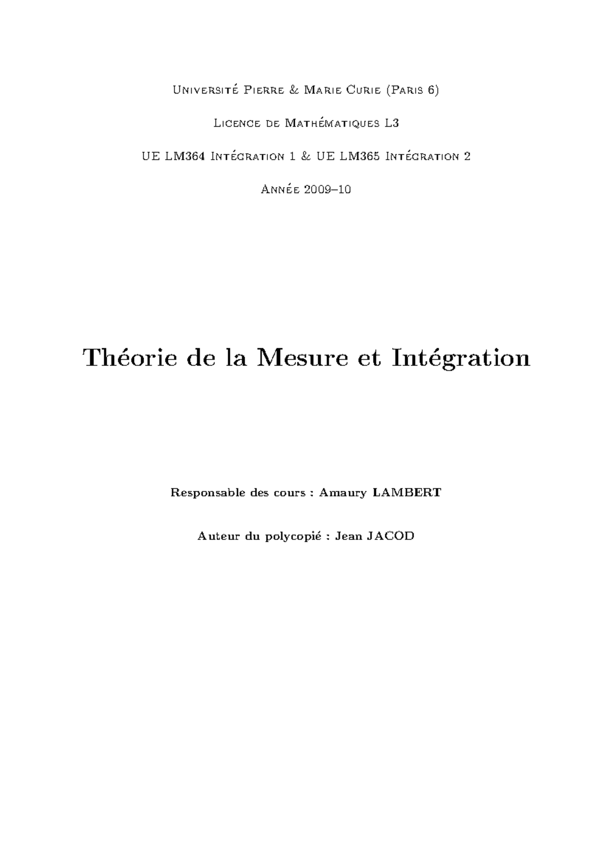 Poly LM364 Mesure et Intégration - Cours de Pierre Marie Curie - Studocu