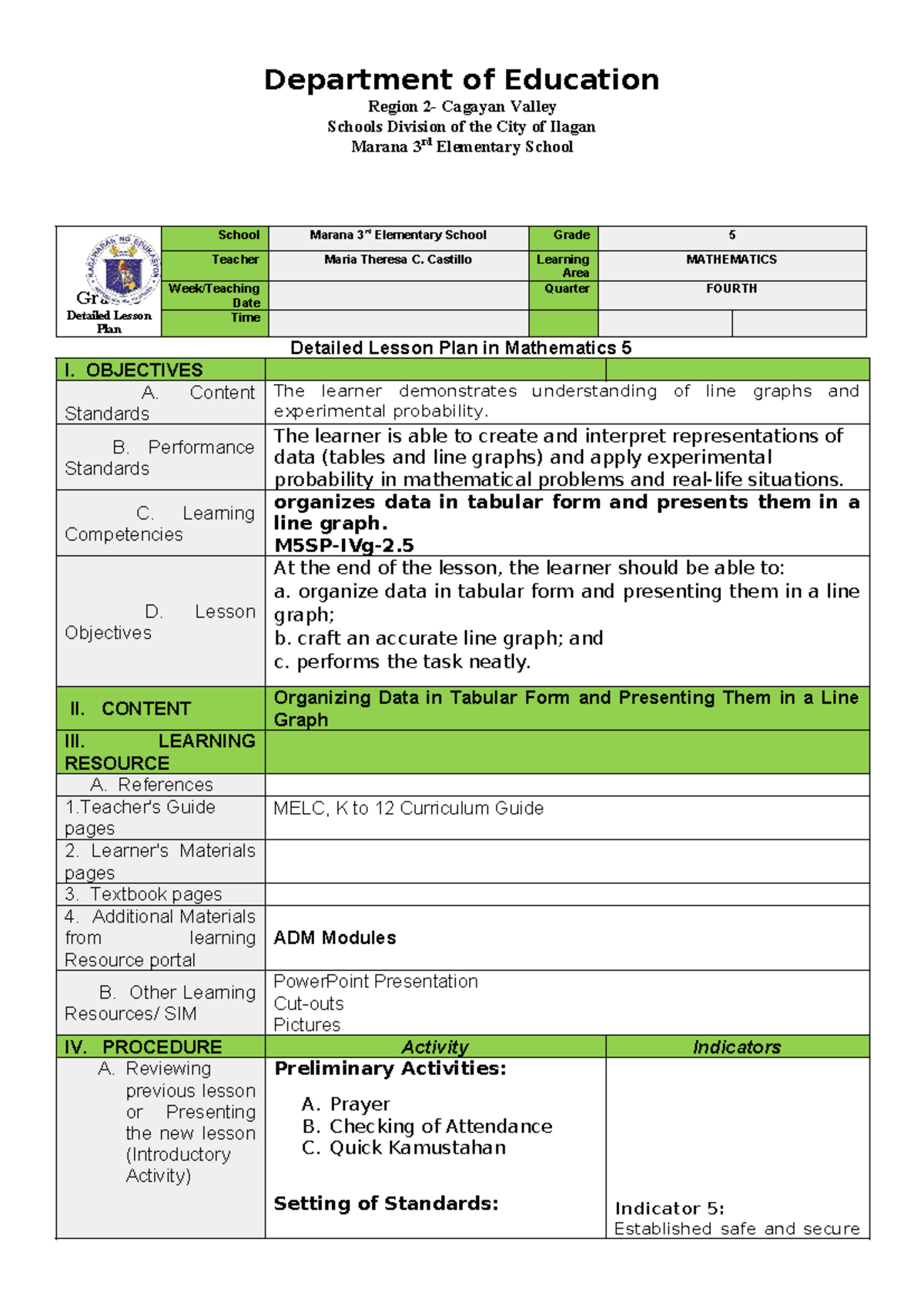 COT4 - Detailed Lesson Plan for Mathematics 5: Line Graphs ...
