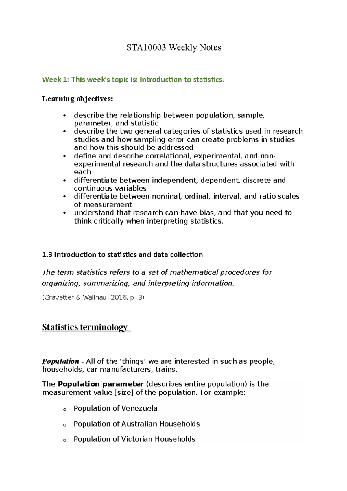 STA10003 Weekly Notes: Intro to Stats and Data Collection Review - Studocu