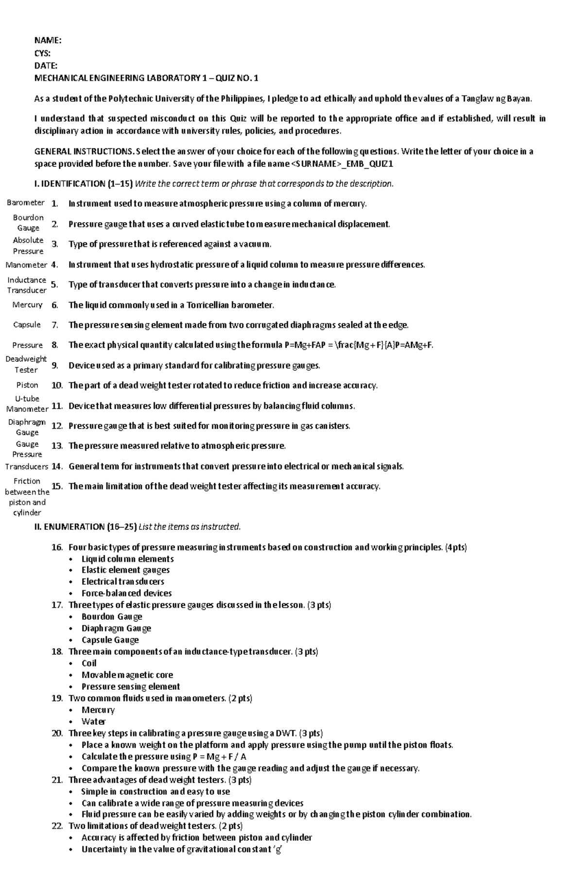 ME 101: Mechanical Engineering Laboratory 1 Quiz No. 1 Notes - Studocu