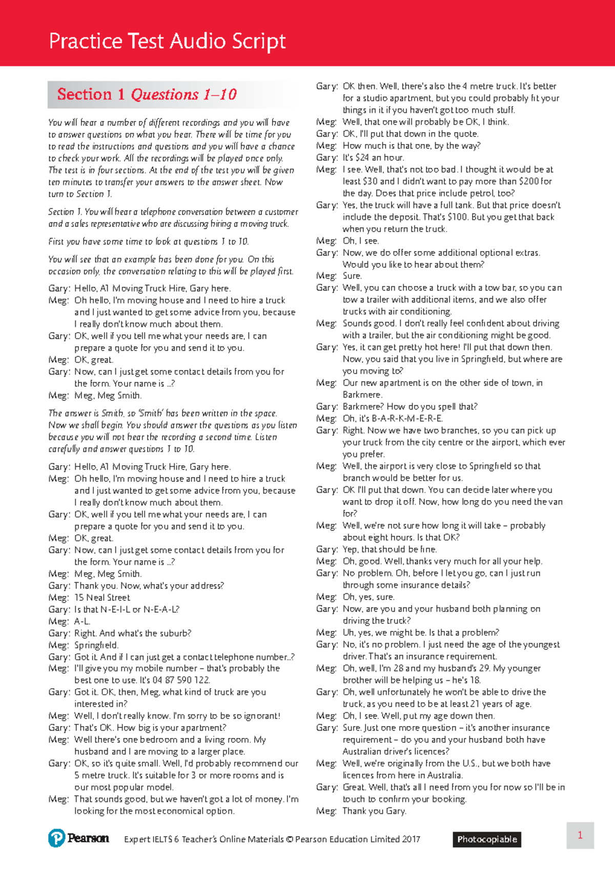 Practice Test 2 Audio Script: Section 1 & 2 Listening Questions - Studocu
