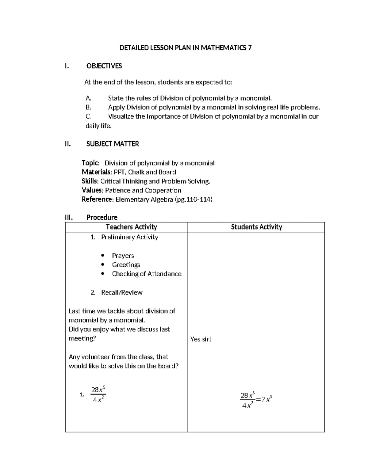 Multiplication of Polynomials - Grade 7 Detailed Lesson Plan - Studocu