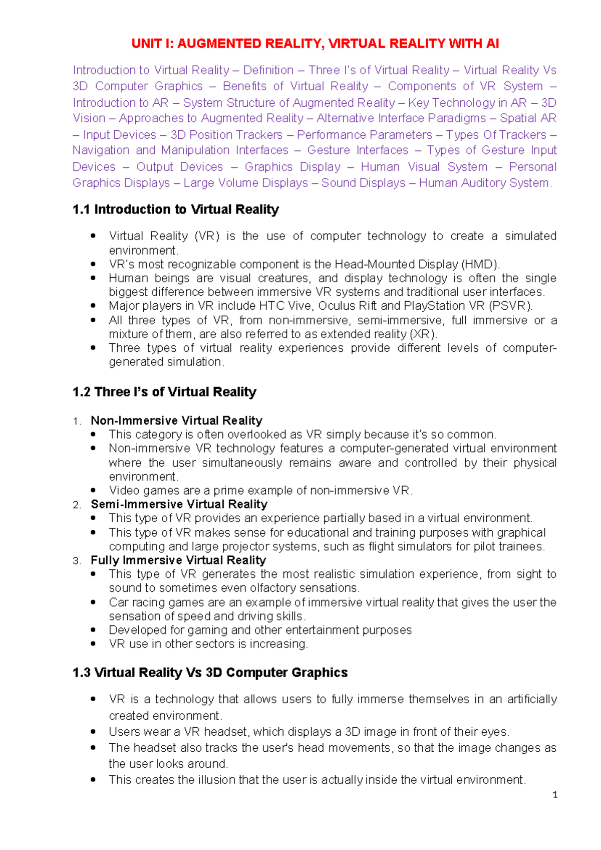 UNIT 1: AR & VR - Comprehensive Overview of Technologies and ...