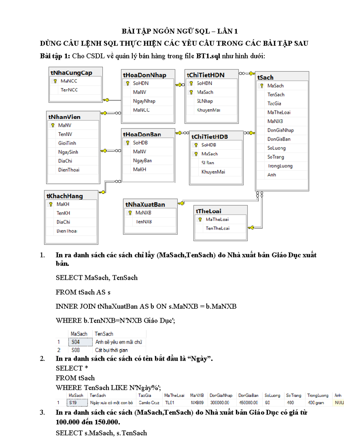BÀI TẬP NGÔN NGỮ SQL LẦN 1 - QLBAN SÁCH (BT SQL) - Studocu