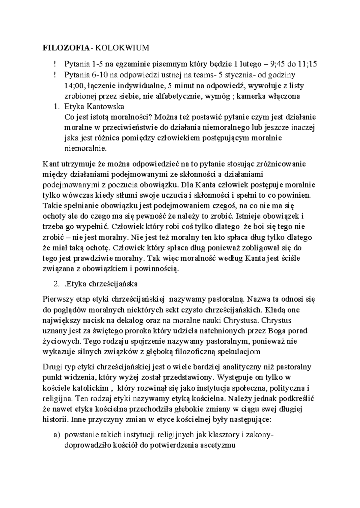 Filozofia - Kolokwium (FILOZ 101) - Tematy i Pytania na Egzamin - Studocu