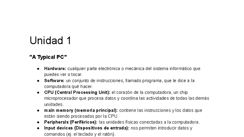 Unidad 1: Hardware y Software - Vocabulario Esencial INGLES 1 UTN - Studocu
