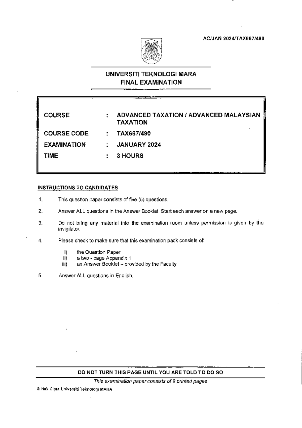 Final Exam - Advanced Taxation (TAX667) - January 2024 - Studocu