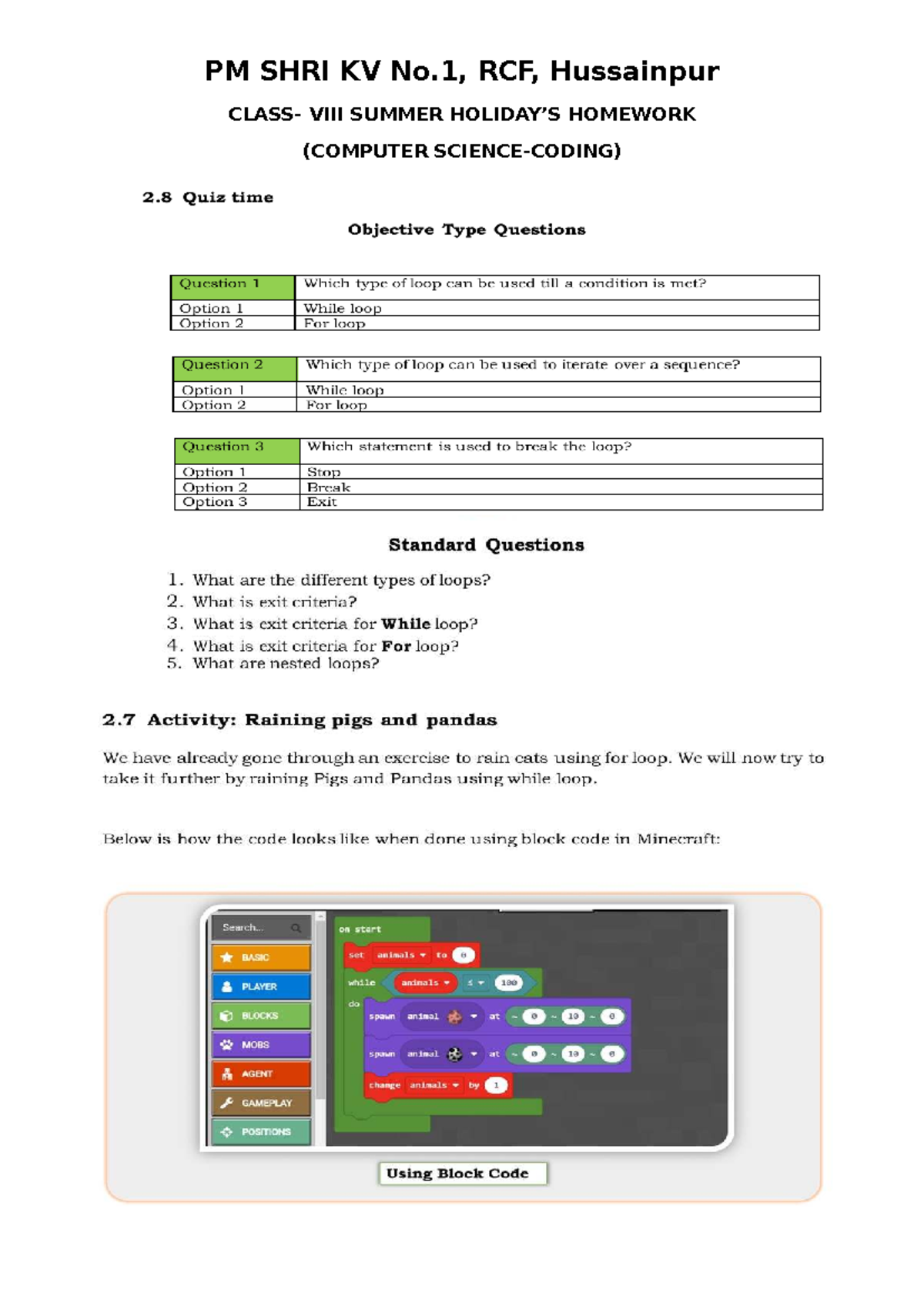 Class VII HHW Computer Coding - Computer Science SL - PM SHRI KV No ...