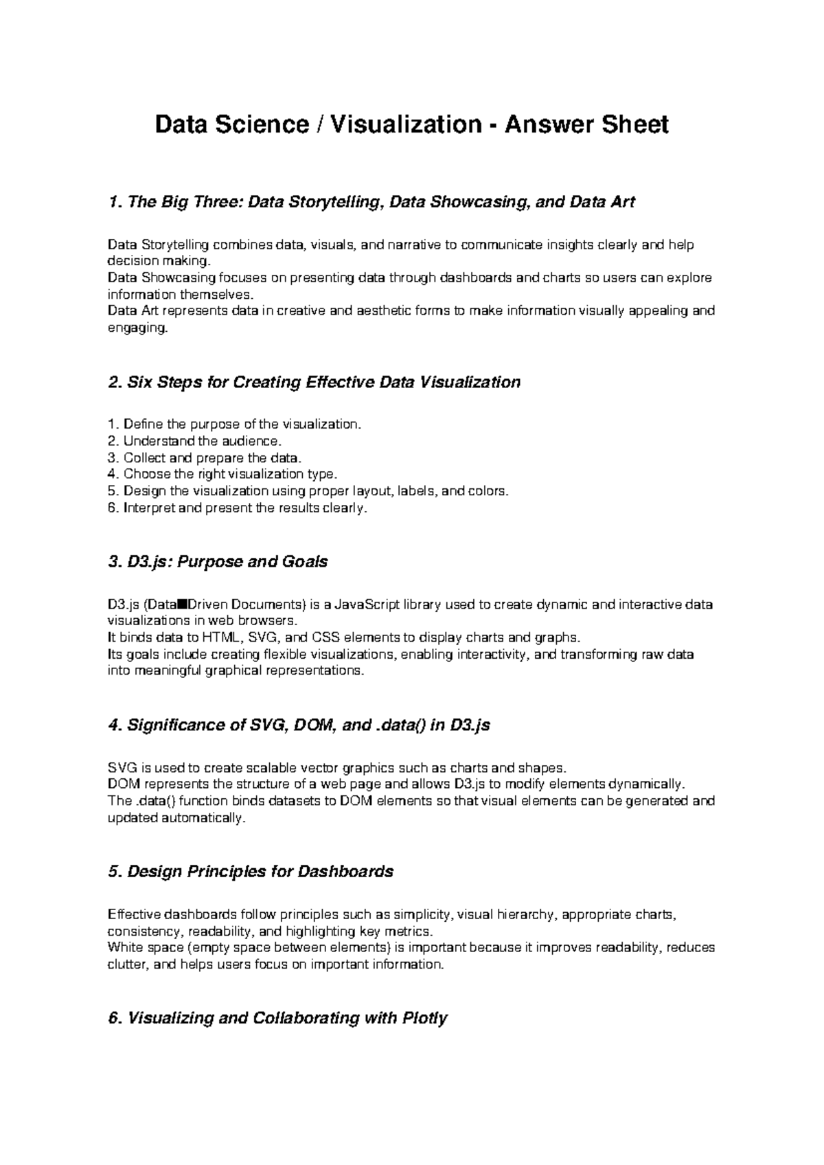 Data Science Visualization Answer Sheet 1: Key Concepts & Principles ...