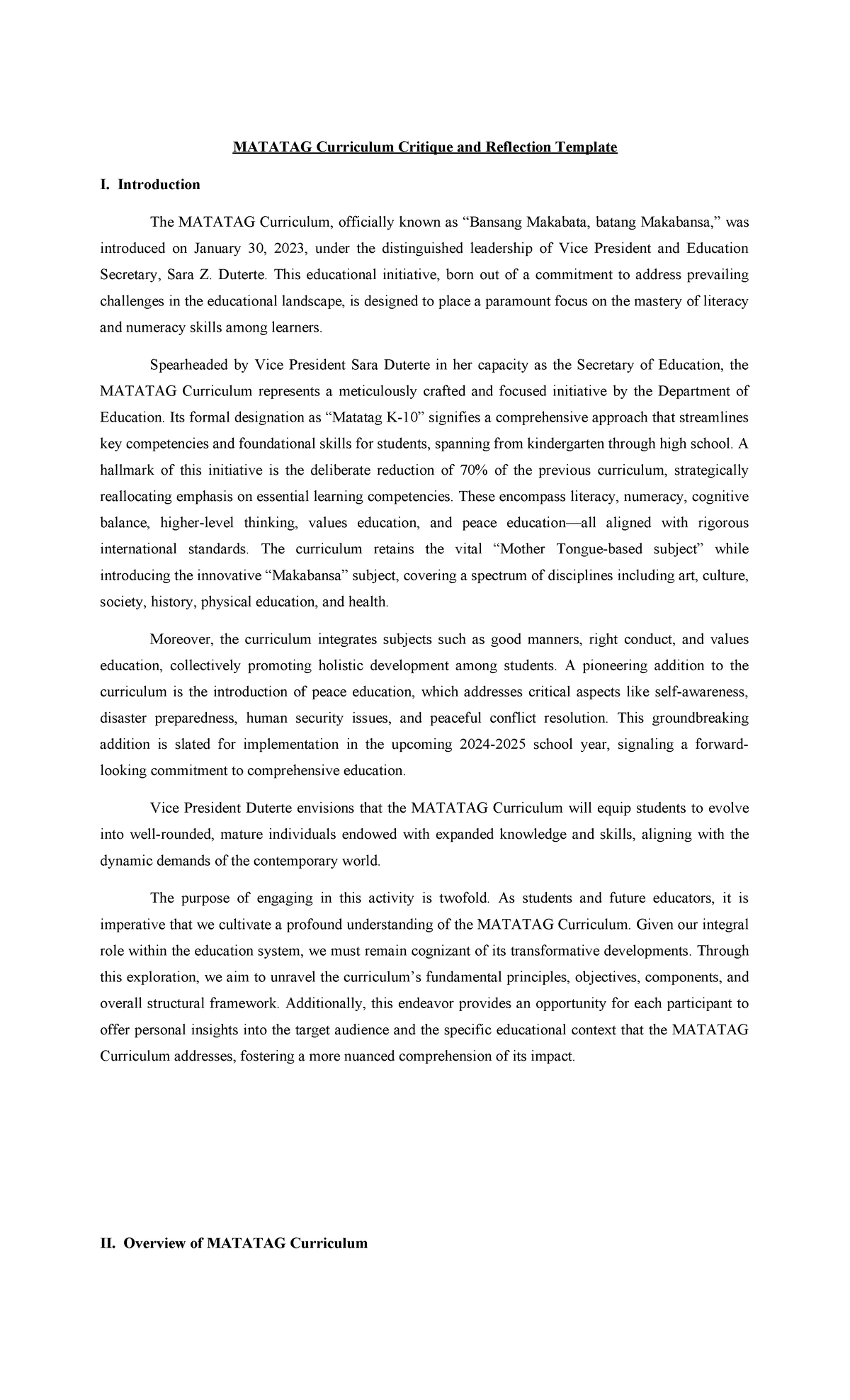 MATATAG Curriculum Critique & Reflection: Insights & Impacts - Studocu