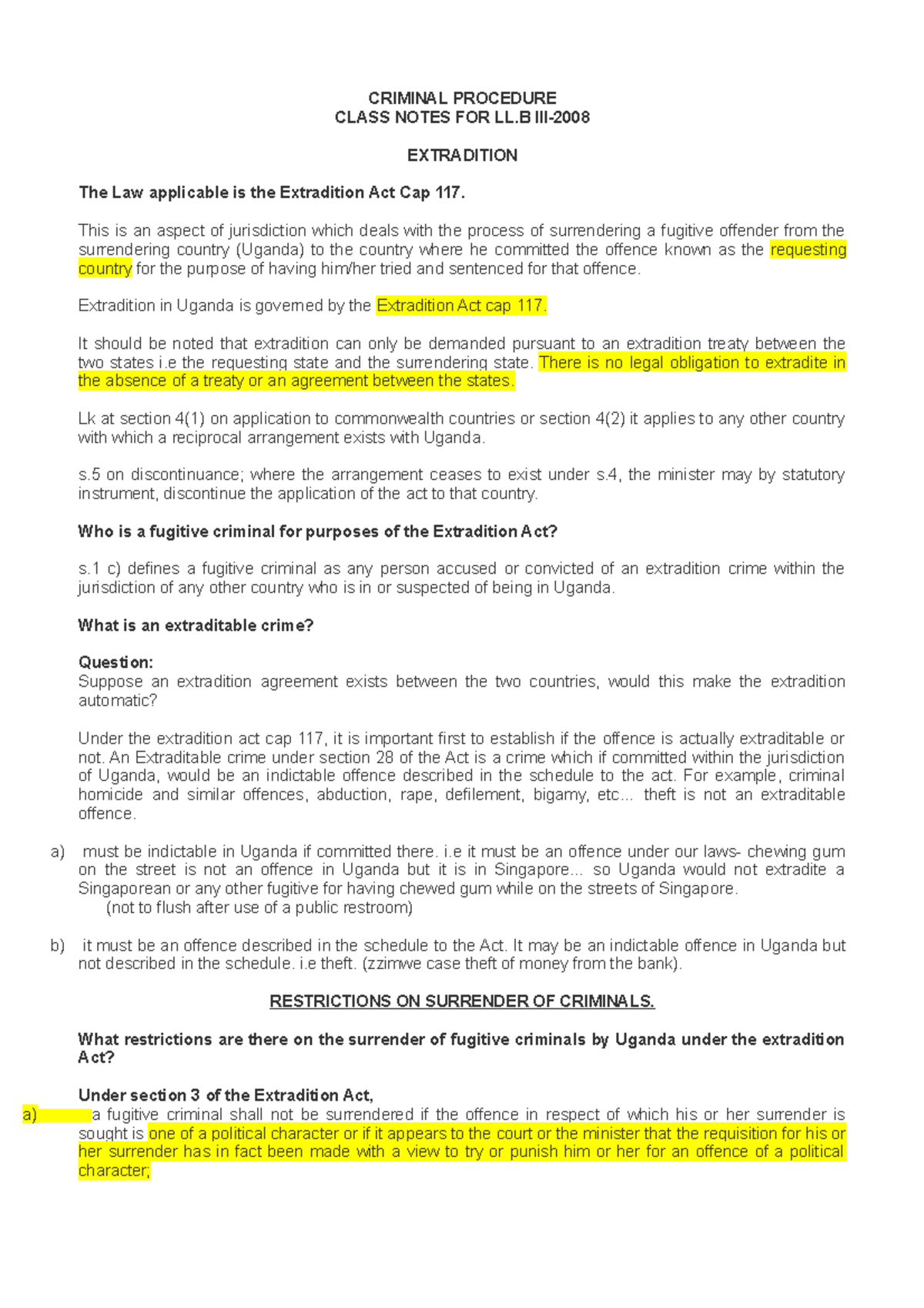 LL.B III Class Notes on Criminal Procedure: Extradition Overview - Studocu