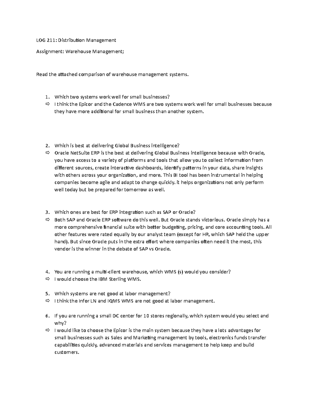WMS Assignment - LOG 211: Distribution Management Assignment: Warehouse ...
