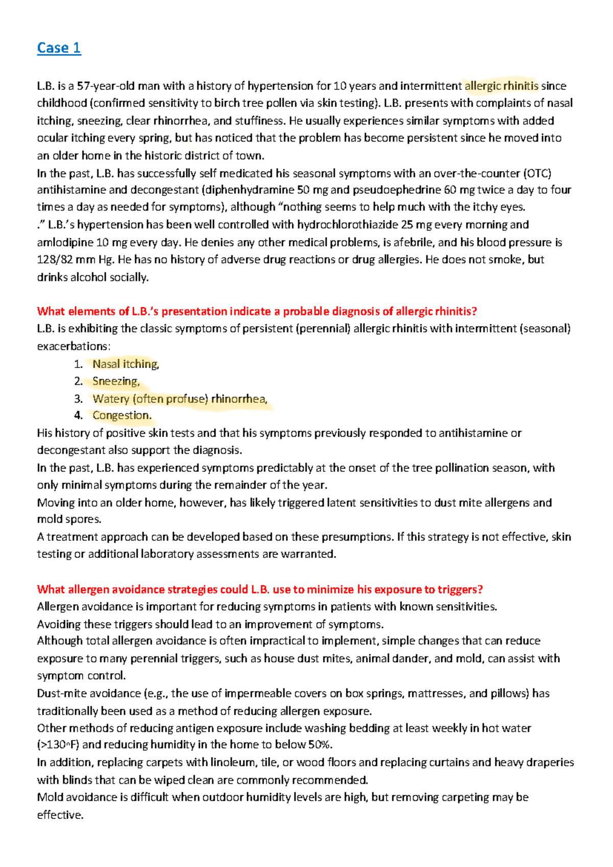 Thera II Case Study: Management of Allergic Rhinitis Symptoms - Studocu