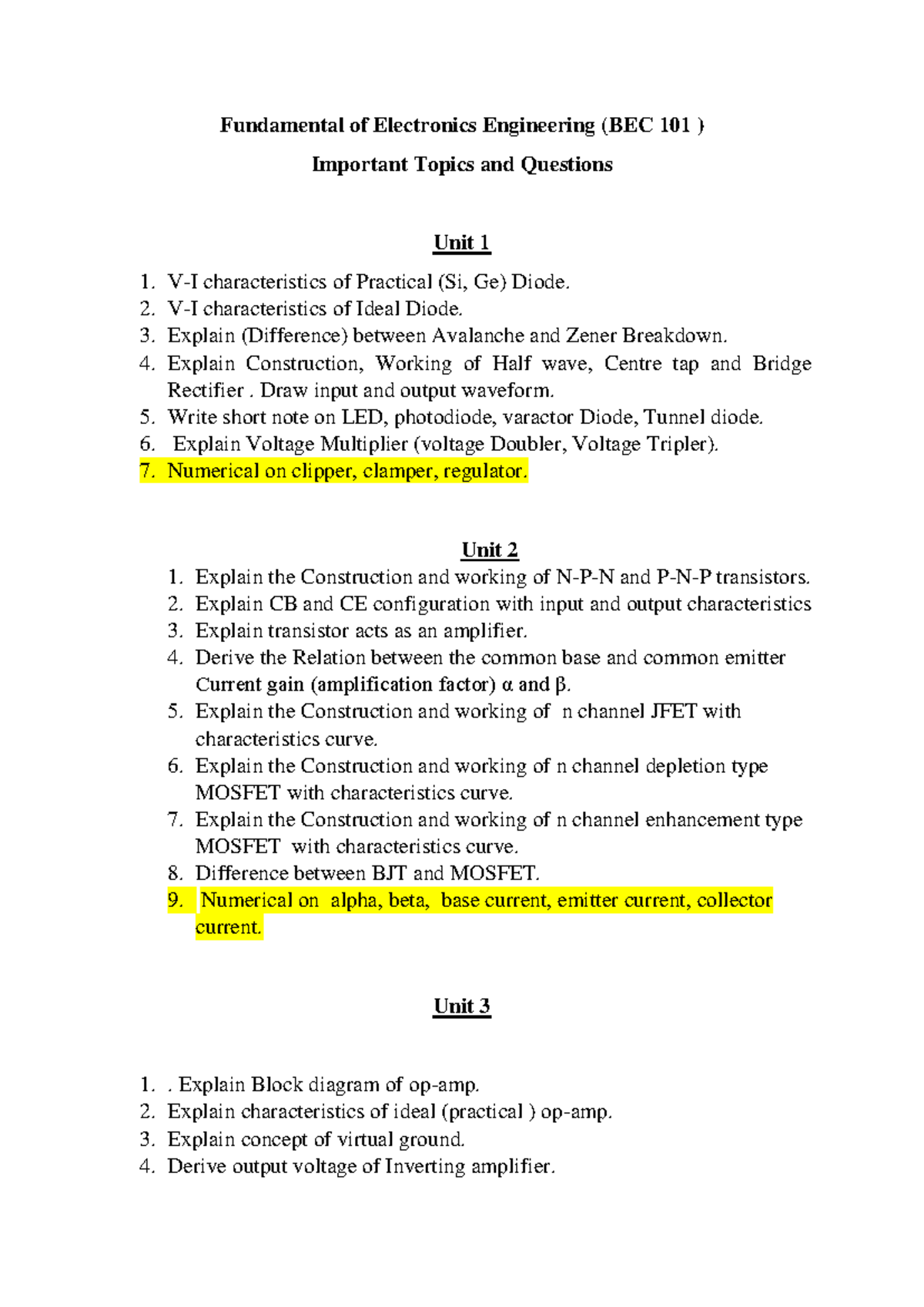 BEC 101 Semester Exam: Key Topics in Electronics Engineering - Studocu