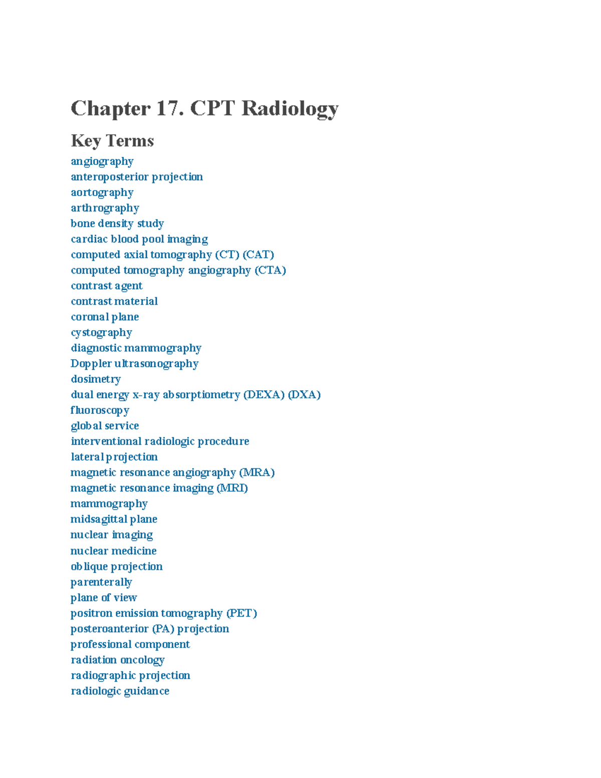 Chapter 17: Key Terms in CPT Radiology - Chapter 17. CPT Radiology Key ...