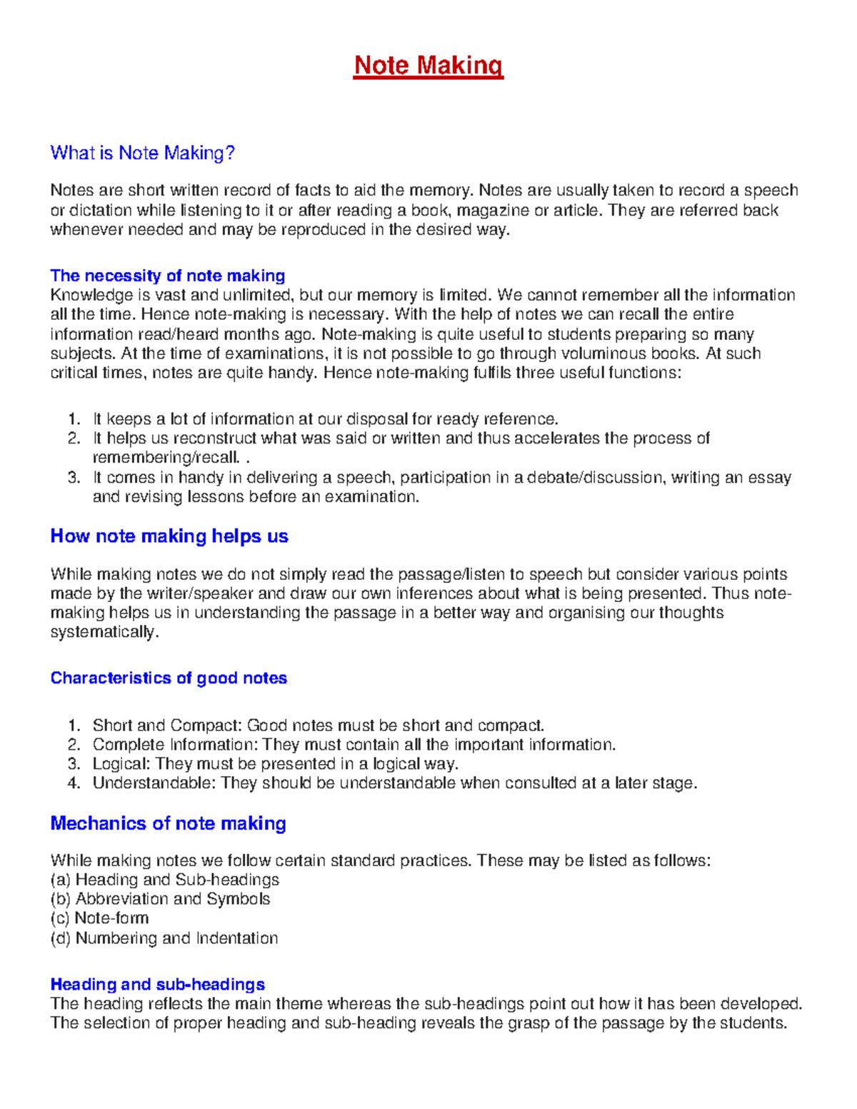 English-XI - Note Making Techniques and Importance - Studocu