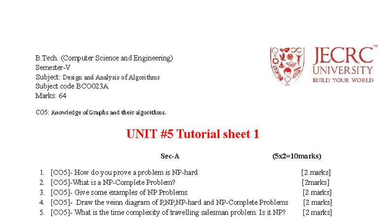 DAA Assignment 5 Tutorial 2 - BCO023A: NP Problems & Complexity - Studocu