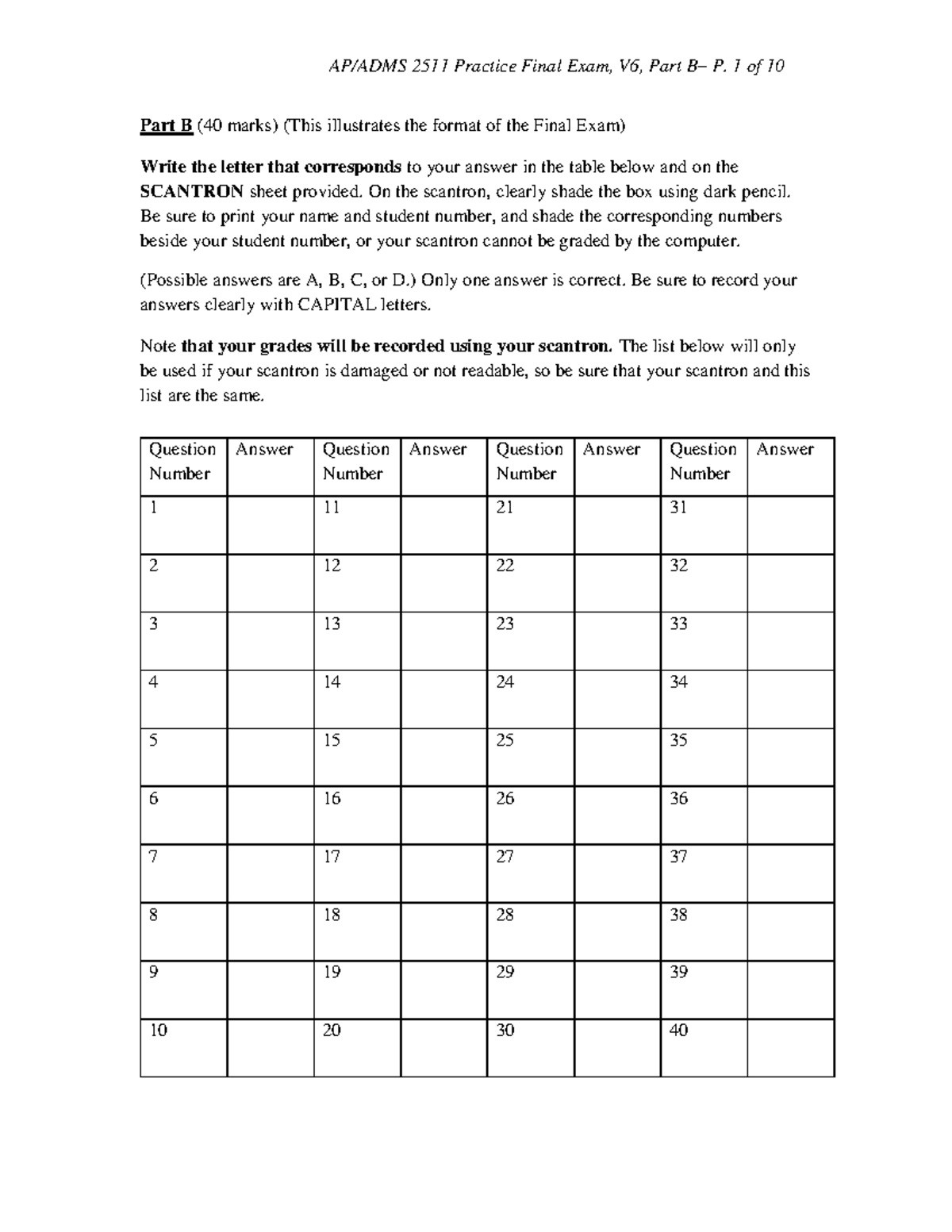 2511 Practice Final Exam, V6, Part B - Answer Key Guide - Studocu
