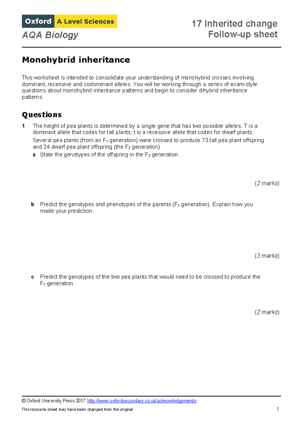 AQA Biology 17 Monohybrid Inheritance Questions Worksheet - Studocu