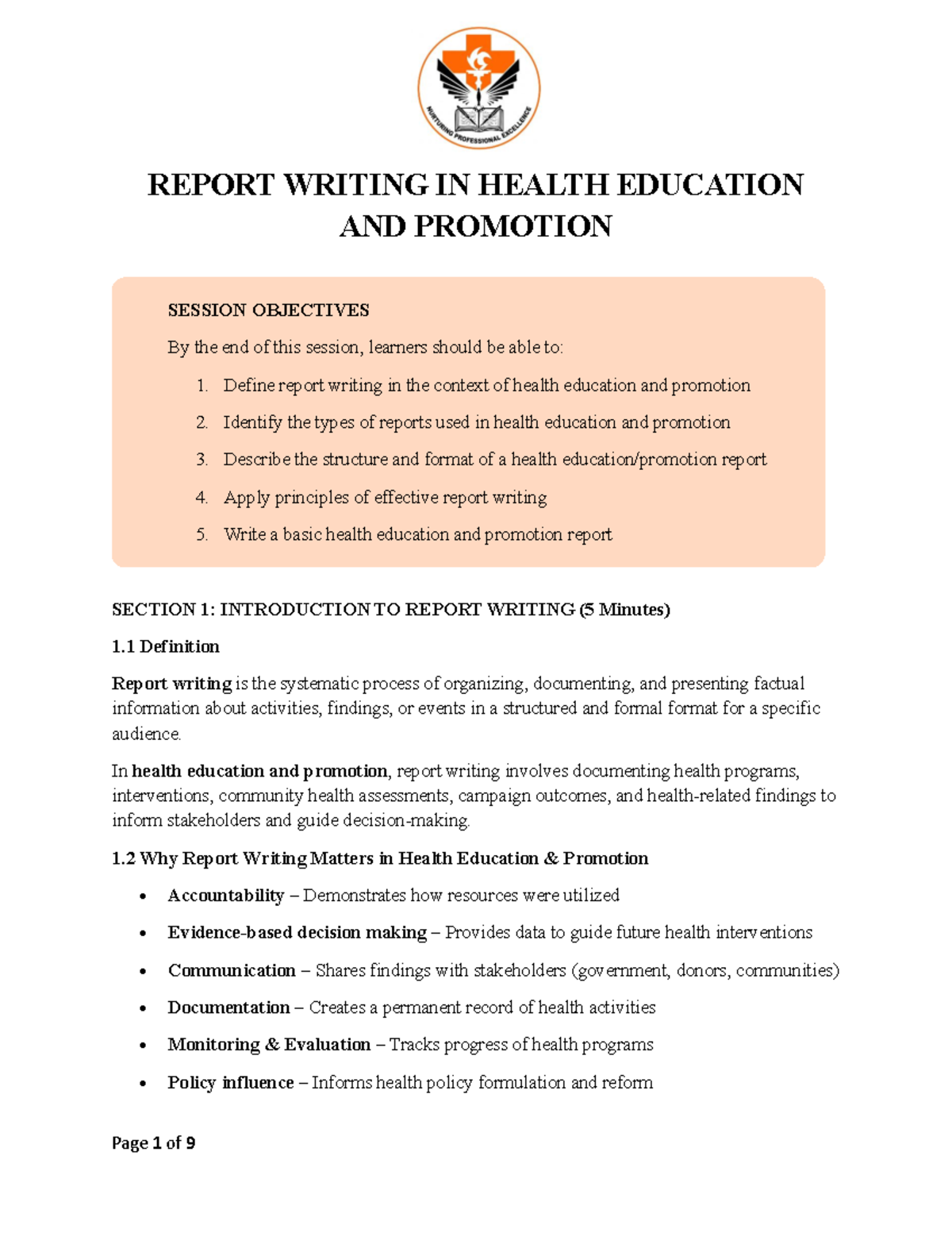 Health Education & Promotion Report Writing Guide - Studocu