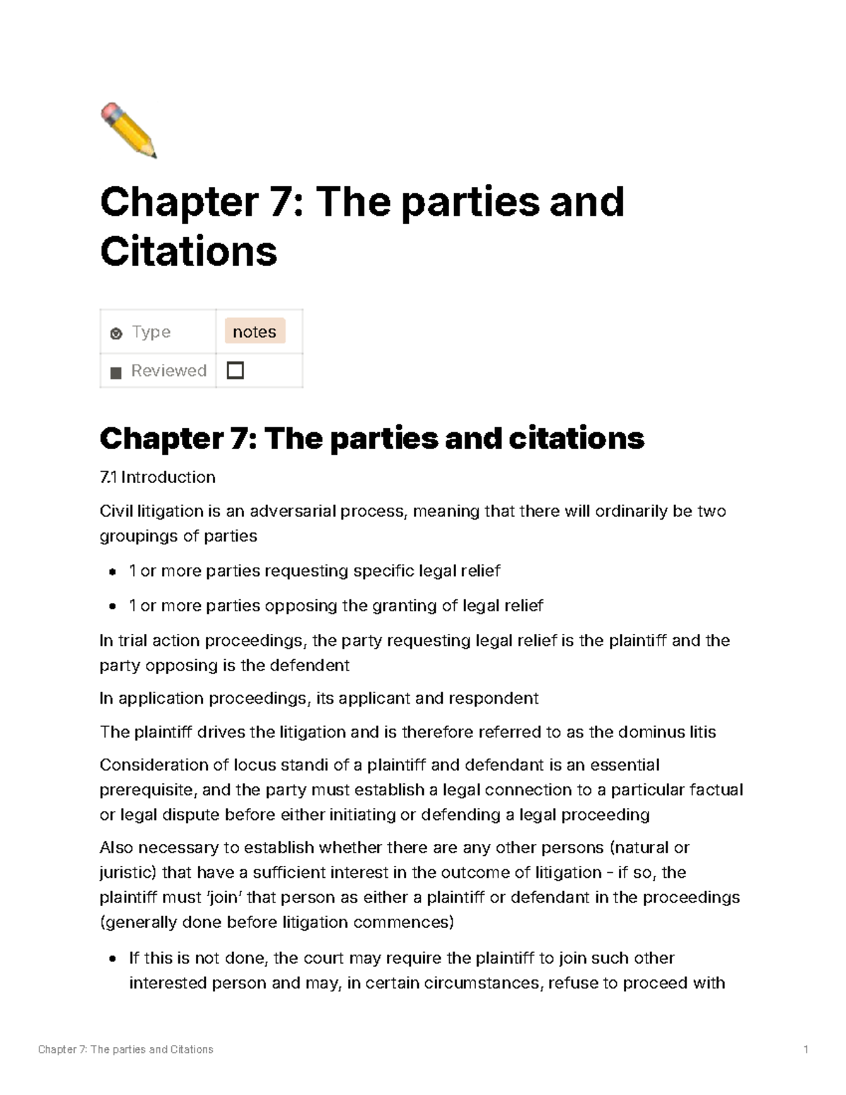 Chapter 7: Parties and Citations - Key Legal Concepts and Notes - Studocu