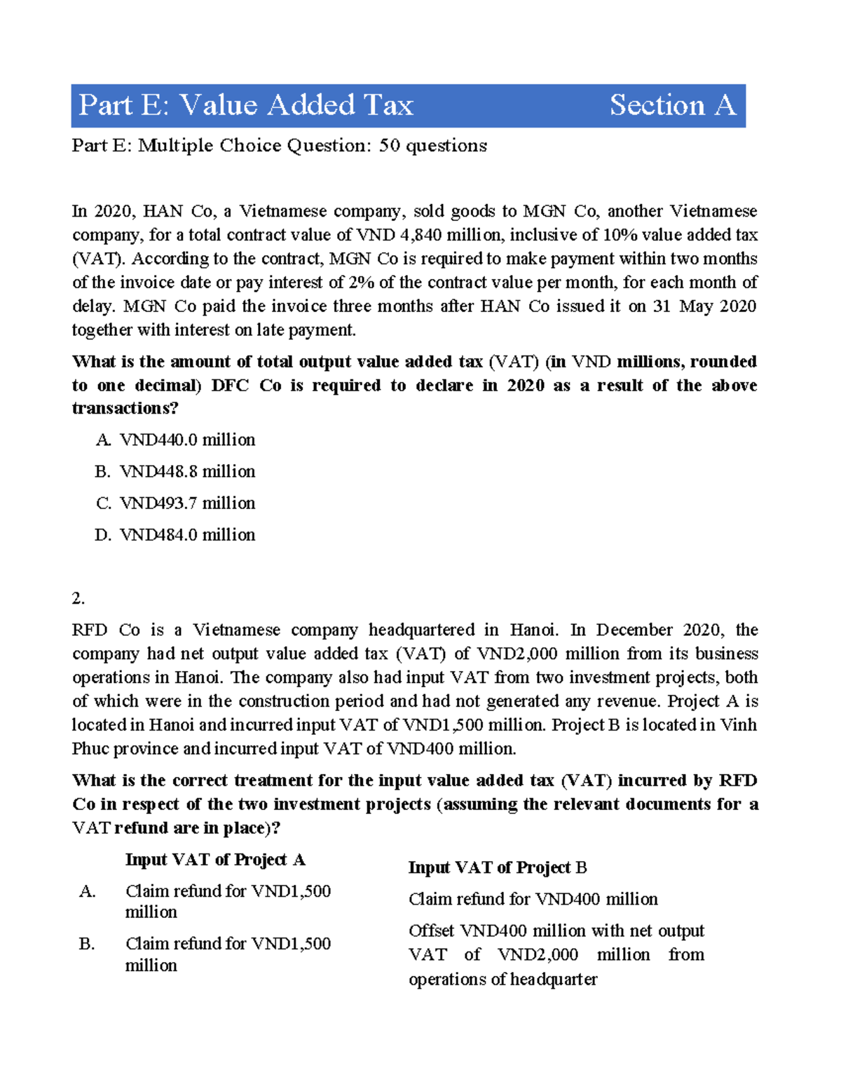 VAT Part AB Questions: Multiple Choice on Value Added Tax (VAT) - Studocu