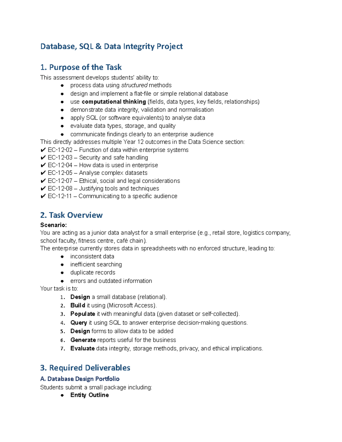 Database Project 1: SQL Data Integrity & Design for Year 12 - Studocu