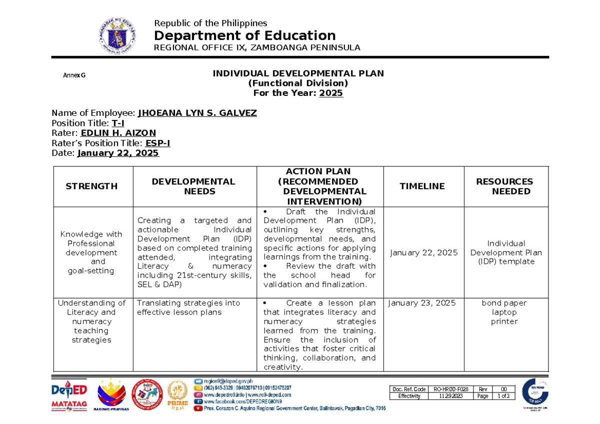 Individual Development Plan (IDP) for Teachers - Jhoeana LYN S. Galvez ...