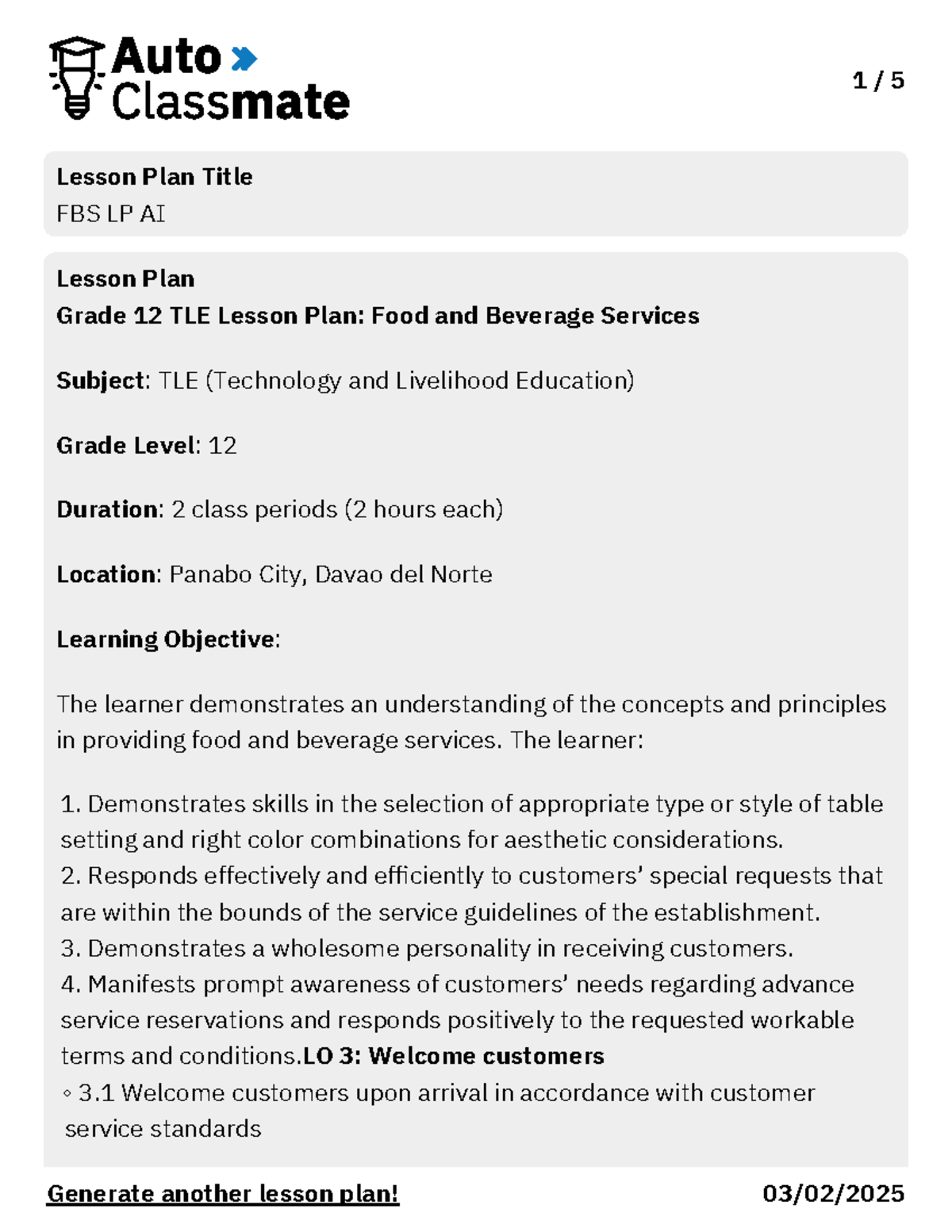 FBS LP AI - FGHFGHGFHGF - 1 / 5 Lesson Plan Title FBS LP AI Lesson Plan ...
